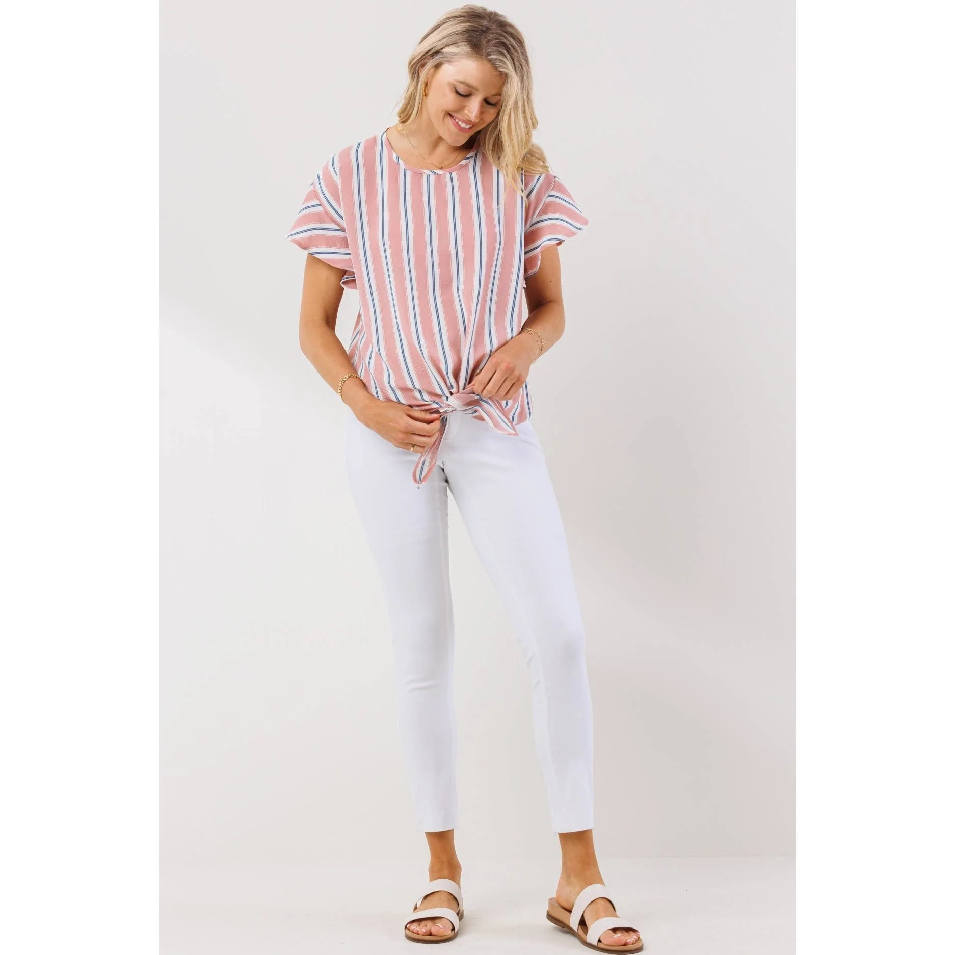 Striped Ruffle Sleeve Round Neck Maternity Blouse