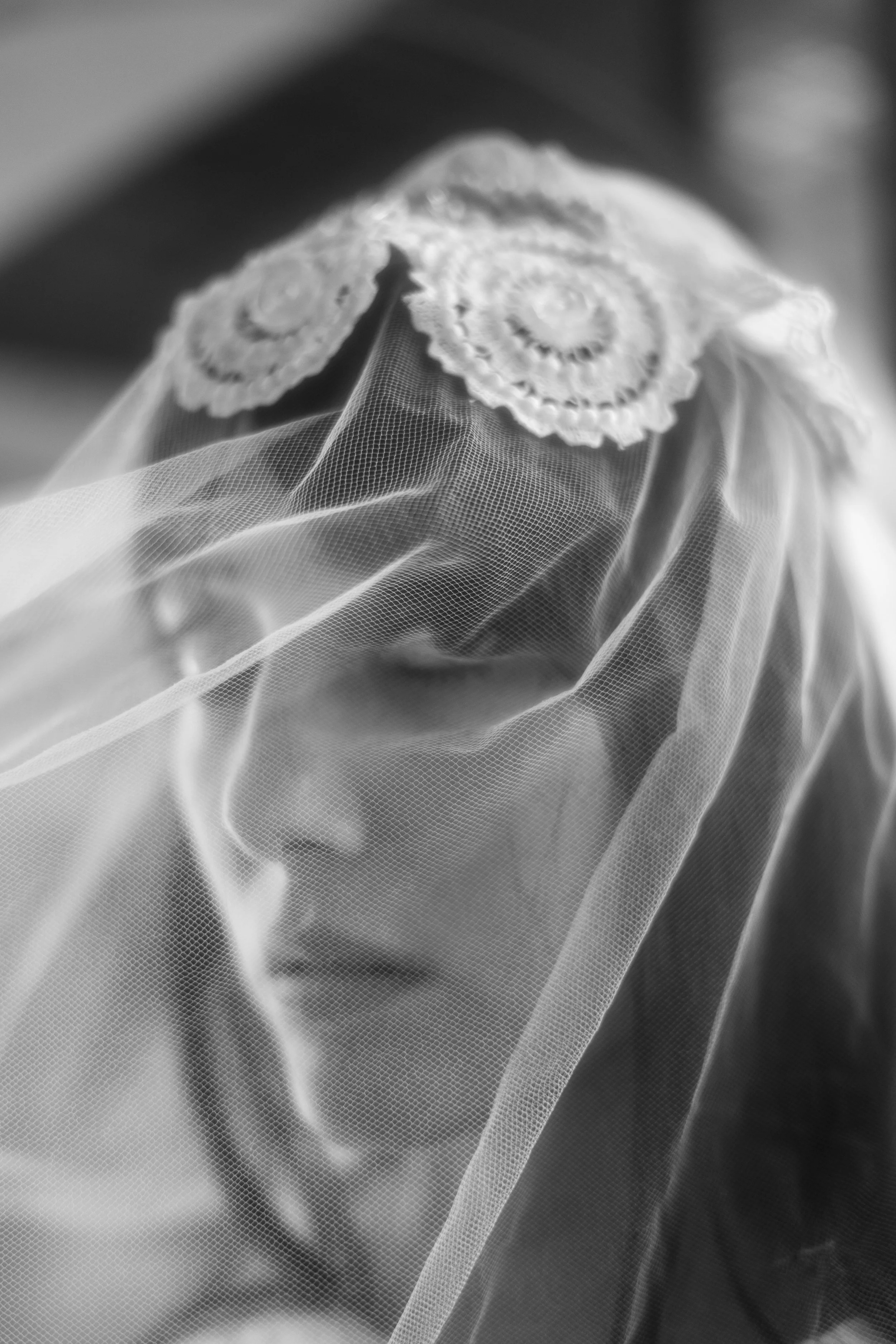 Close-up of a delicate lace wedding veil with intricate embroidery, soft fabric, and fine netting.