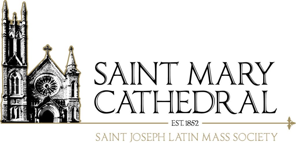 Illustration of Saint Mary Cathedral, showing gothic-style architecture with a tall spire and circular window, text indicating it's established in 1852, operated by Saint Joseph Latin Mass Society.