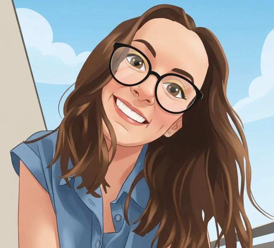 Cartoon-style illustration of a smiling woman with brown hair, glasses, and a blue shirt, outdoors with a blue sky and clouds in the background.