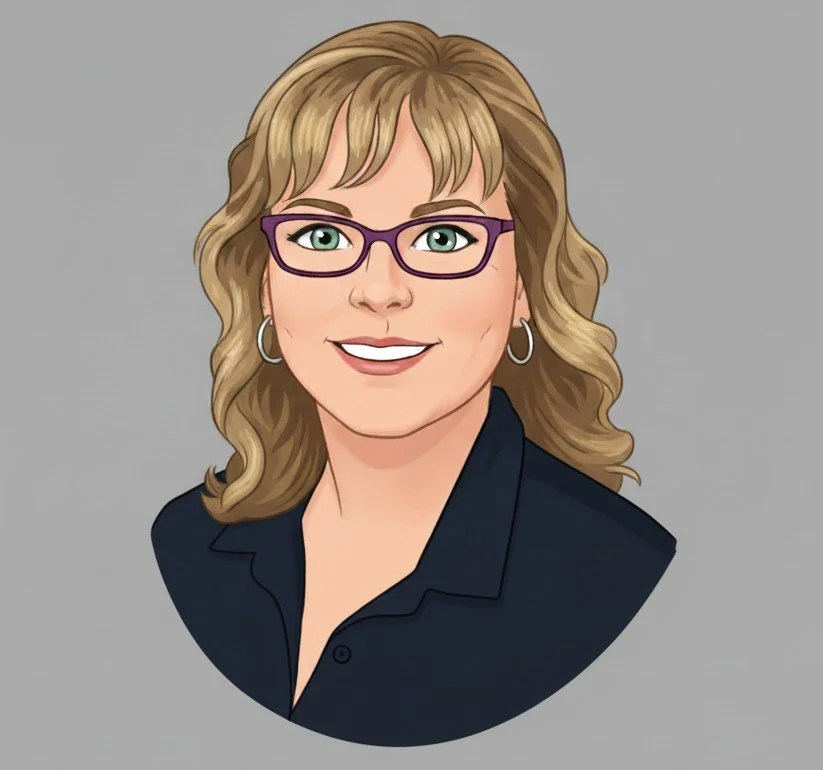 Digital illustration of a woman with shoulder-length wavy blonde hair wearing purple glasses, hoop earrings, and a black collared shirt, smiling against a gray background.