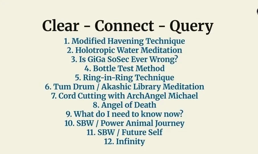 A list of meditation and energy techniques titled 'Clear - Connect - Query,' including ten methods such as Modified Havening Technique, Holotropic Water Meditation, and Infinity.