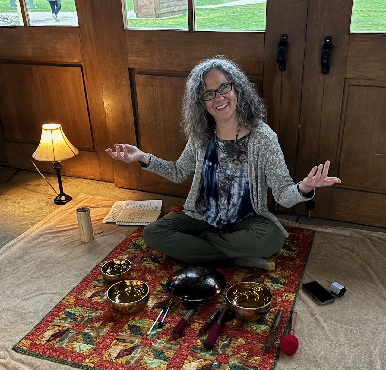 Cathy Forest Empress often begins with a sound healing session. Click her photo for website. https://www.forestempress.com/tarot-services 