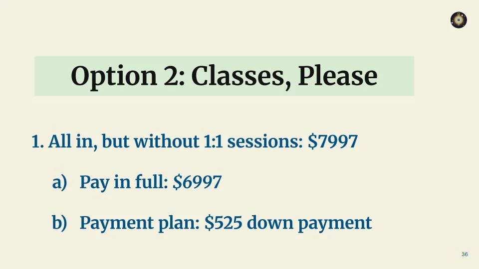 Presentation slide titled "Option 2: Classes, Please" with pricing options for a class package. Option 1 includes all classes but without 1:1 sessions for $7997; pay in full for $6997; or payment plan with a $525 down payment.