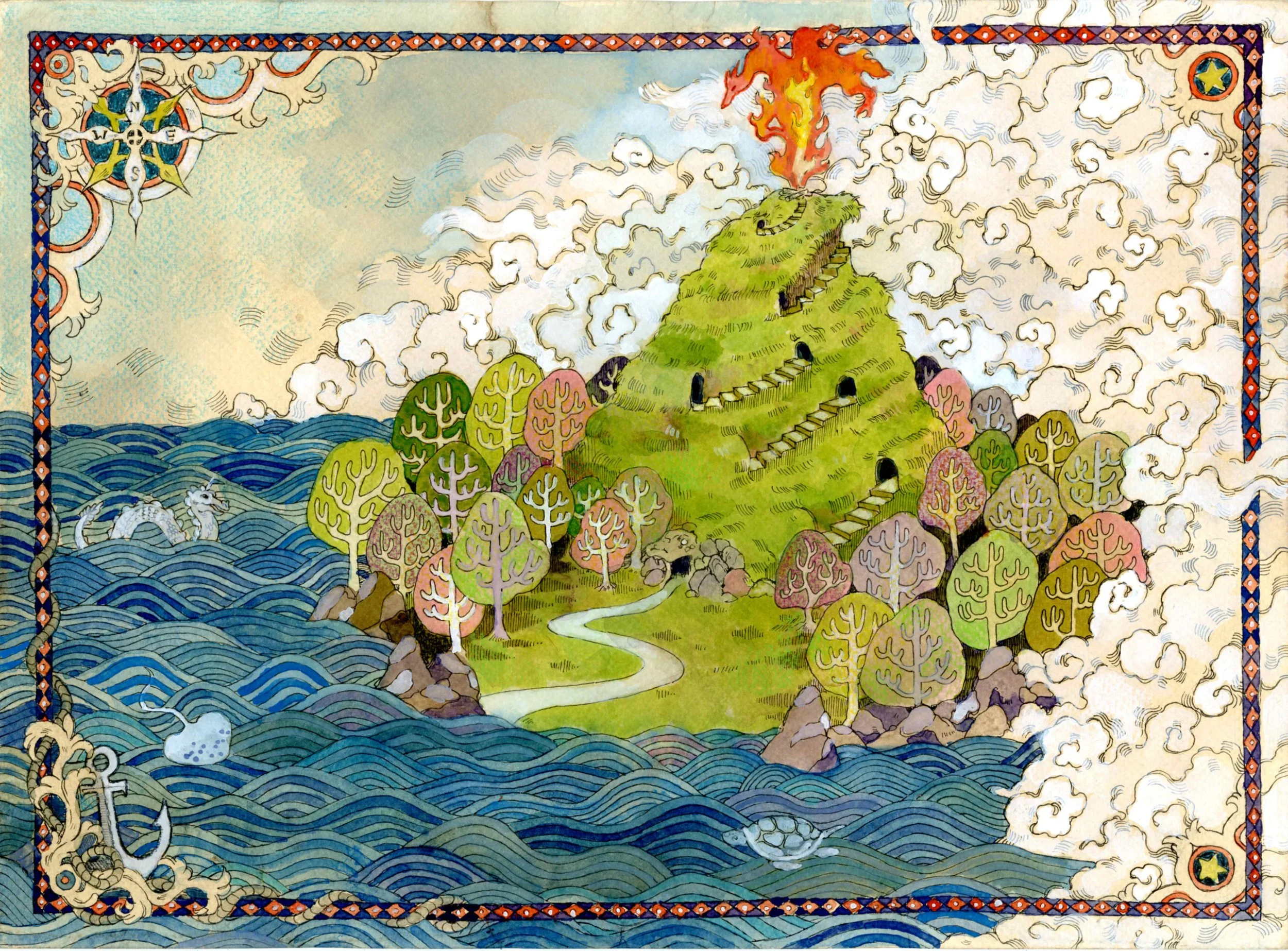An illustration of a map with water surrounding an island with a fire at the top and clouds behind it