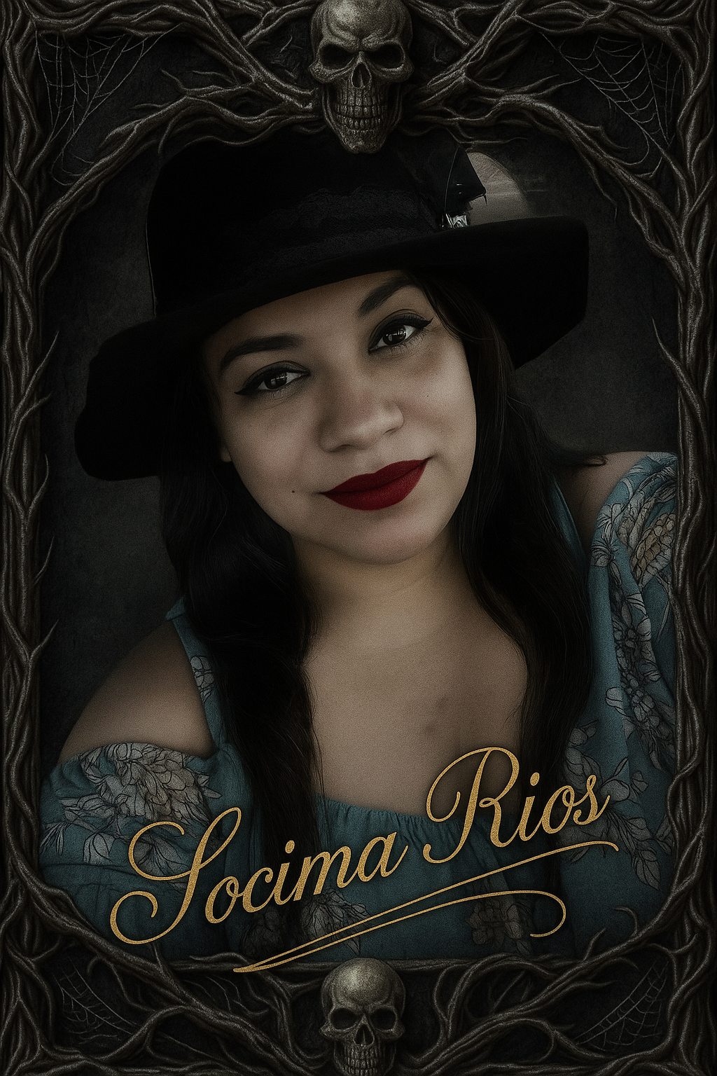 A young woman with dark hair, red lipstick, and winged eyeliner wearing a black witch hat, framed by a dark skull and twisted branches with spider webs, and the name "Socia Rios" written in gold script at the bottom.