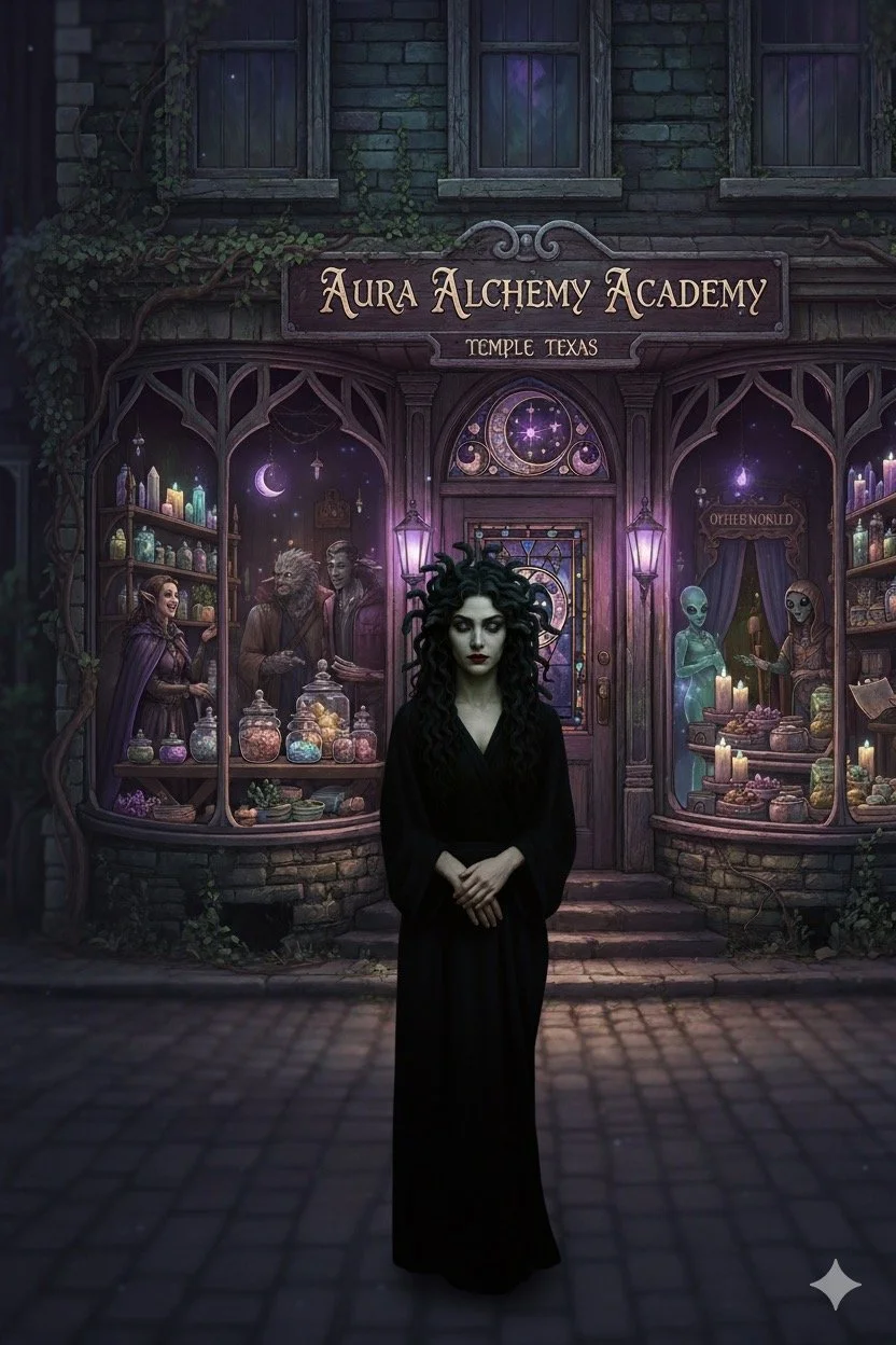 A young woman with dark, curly hair and pale skin stands in front of Aura Alchemy Academy in Temple, Texas, surrounded by mystical and alchemical objects, with a dark, enchanted atmosphere.