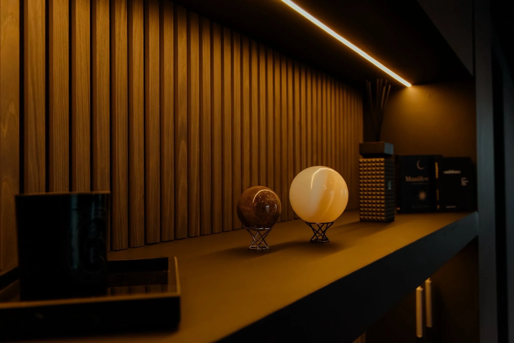 Crystal balls on a shelf at Vitalis Studios in Newport, Shropshire.