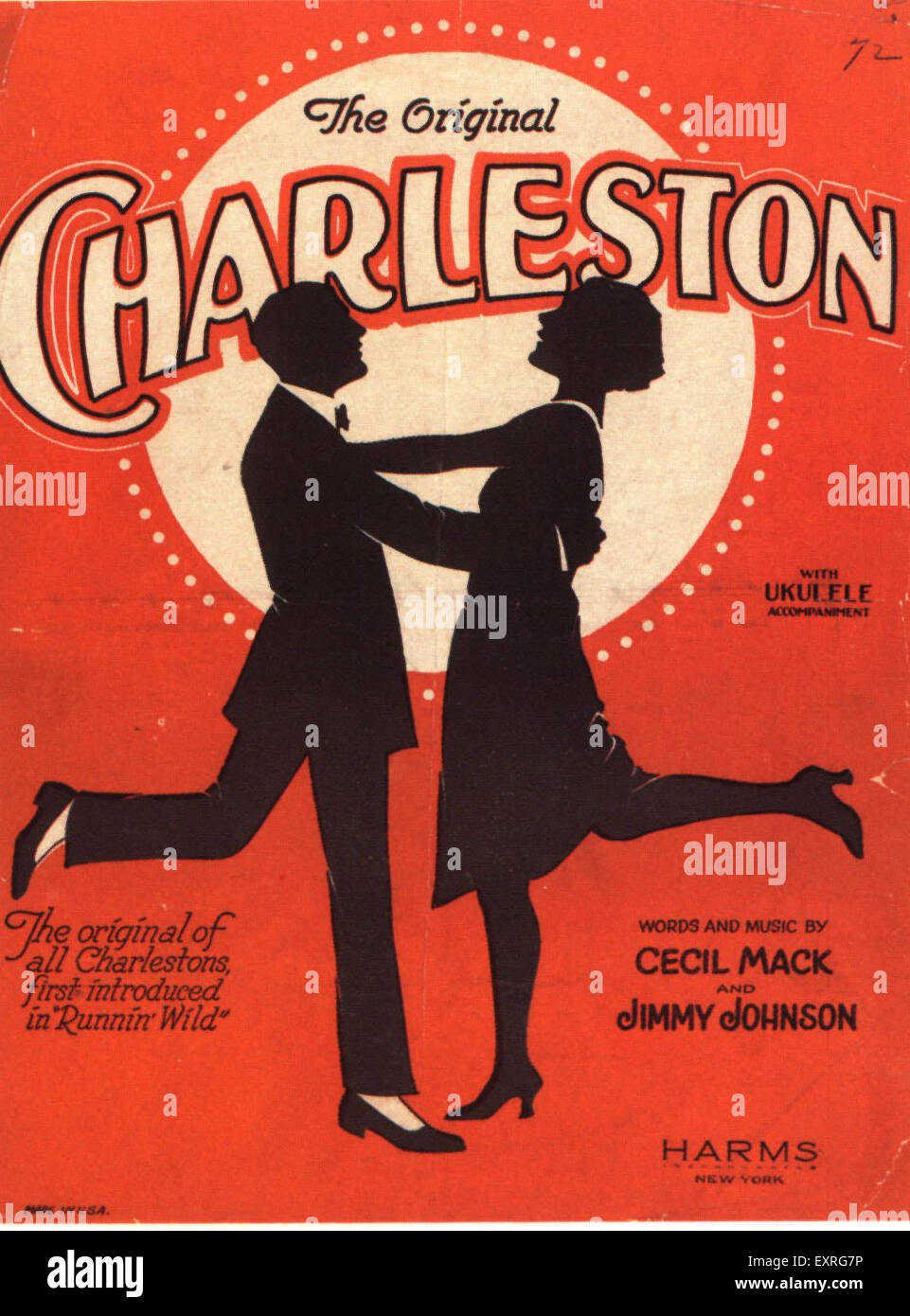 Vintage sheet music cover for "The Original Charleston" showing a silhouette of a man and woman dancing, with text indicating it features ukulele accompaniment and words and music by Cecil Mack and Jimmy Johnson, published by Harms New York.