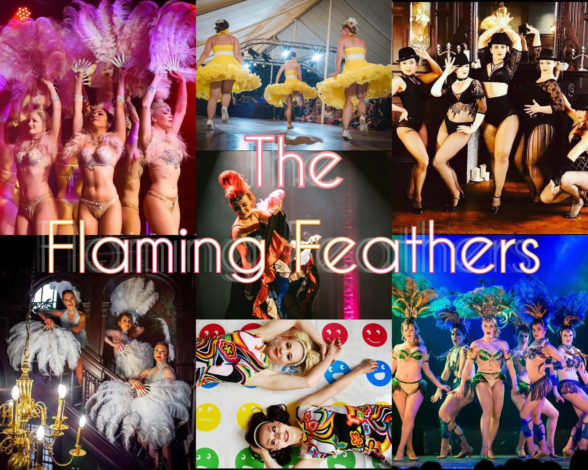 A collage of performances featuring dancers in vibrant costumes, including feathered outfits, yellow dresses, black lace attire, and colorful costumes, with stage lighting and audience visible.