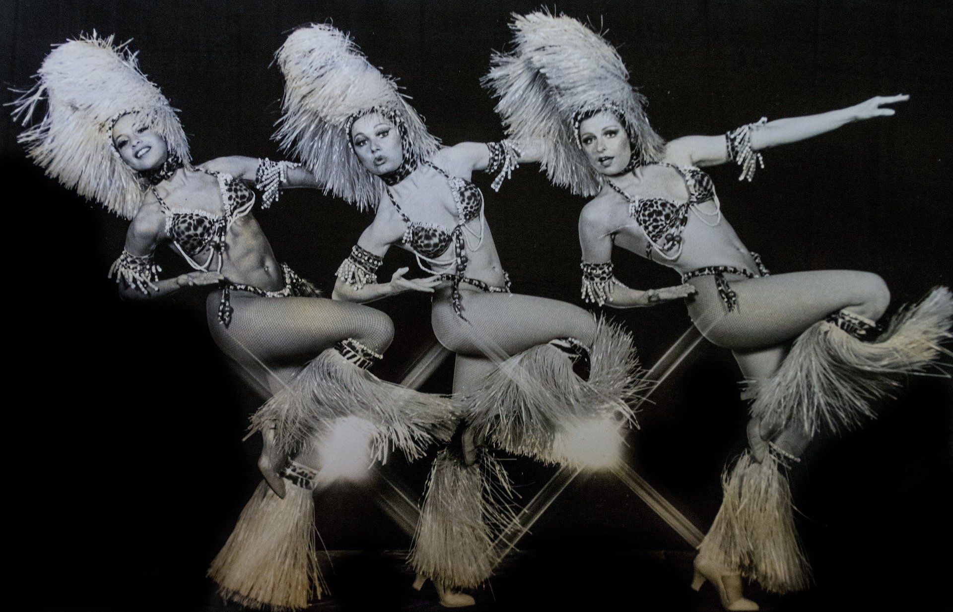 Black and white photo of three showgirls in leopard print costumes with feathered headdresses and fluffy accessories, performing a dance on stage.