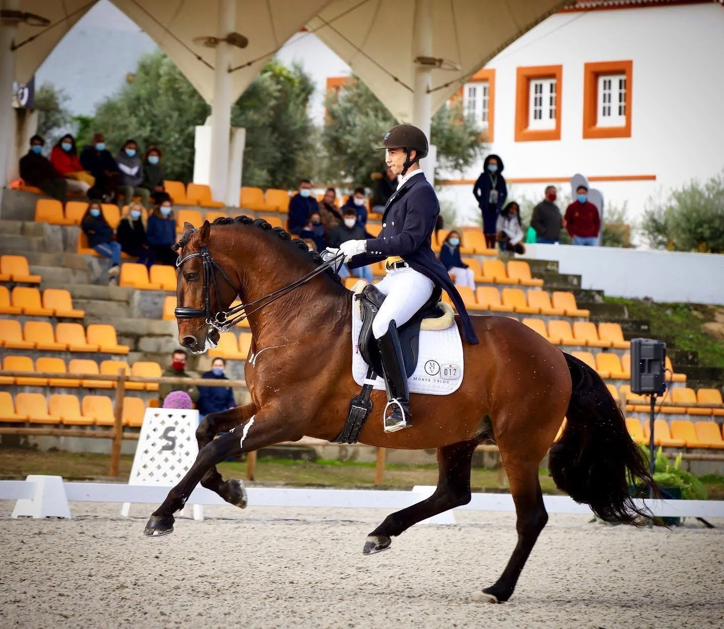 A equestrian athlete in formal riding attire performing a dressage move on a brown horse with a flowing black tail during an indoor competition with spectators wearing masks in the background.