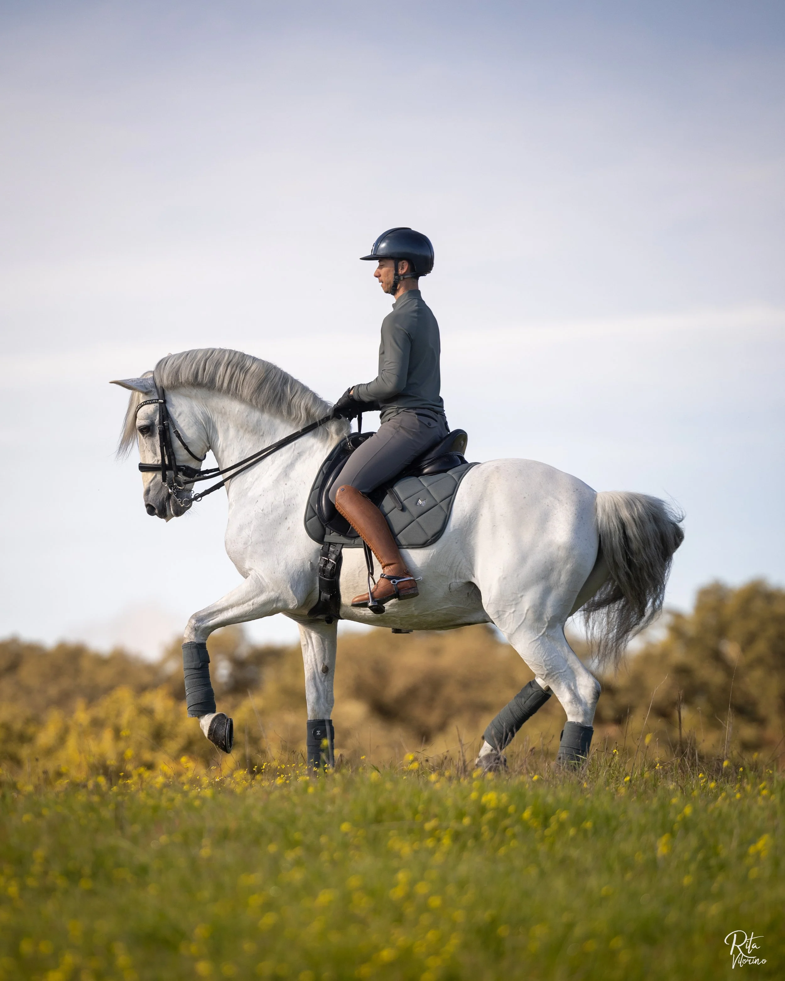 A person riding a white horse in a grassy field with a cloudy sky in the background.