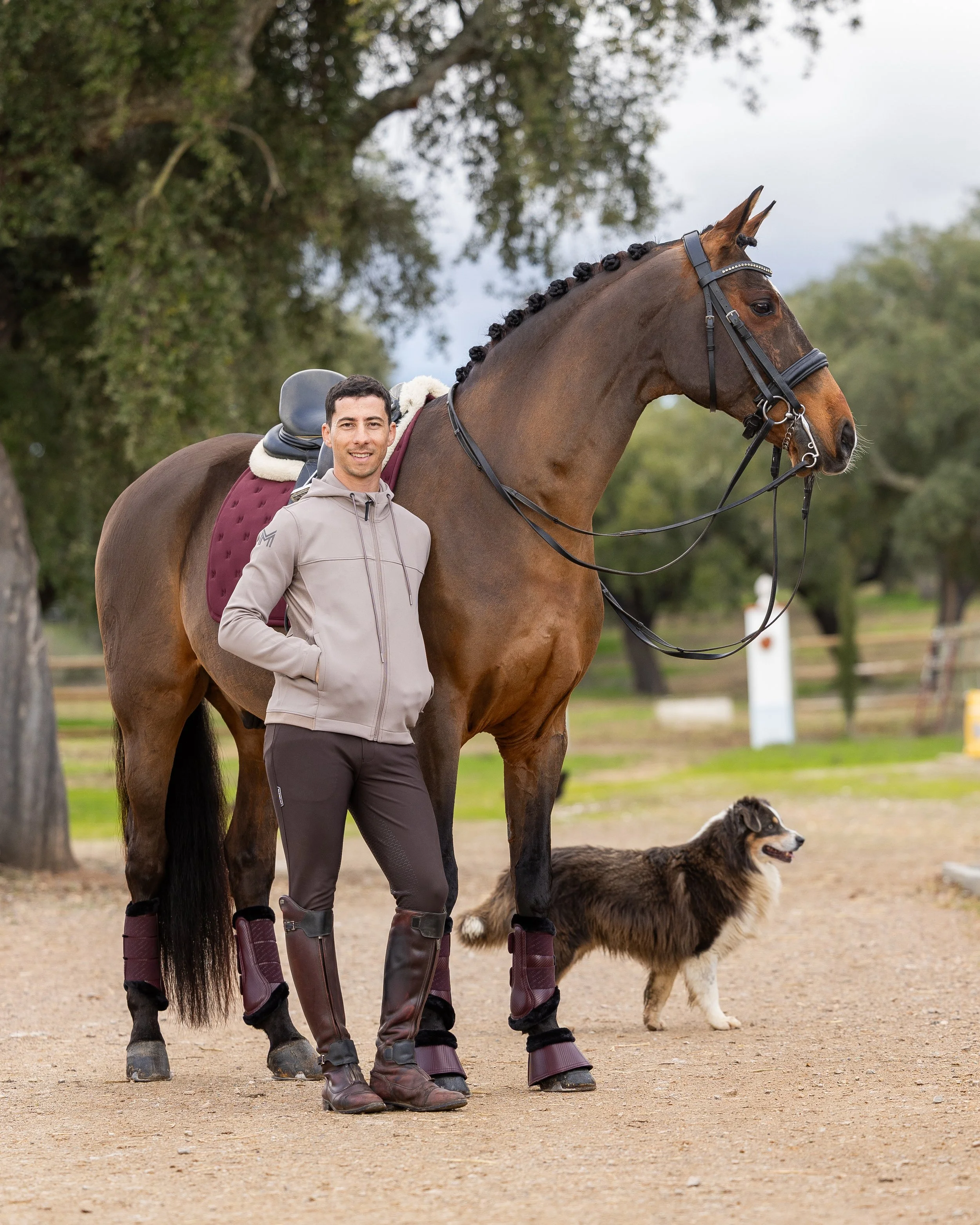 A man in riding gear standing next to a large brown horse with a black mane, wearing decorative braids and riding boots that cover its lower legs. The man is smiling with one hand in his pocket and is also wearing riding pants and a beige jacket. A S