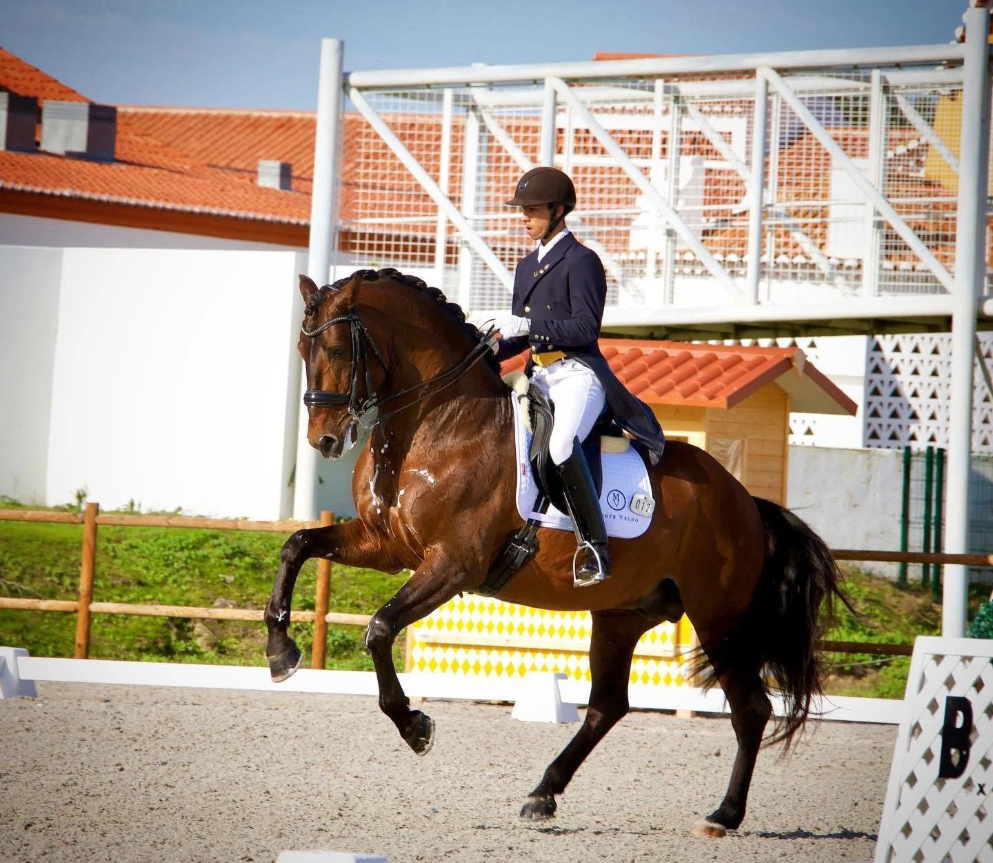 A rider dressed in formal riding attire on a brown horse during a dressage event, performing a classical dressage move in an outdoor arena.