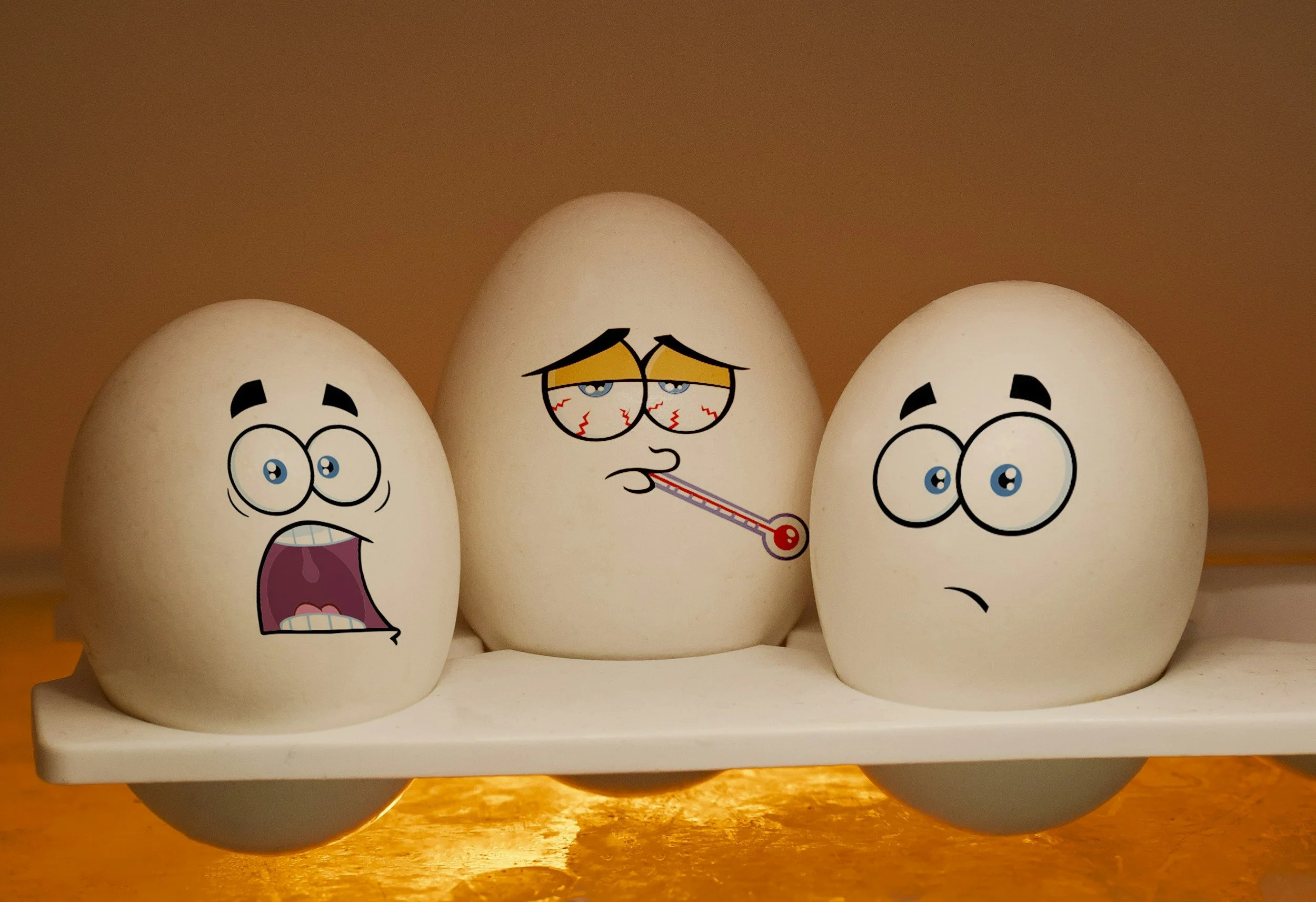 Conceptual image of 3 eggs with cartoon faces illustrating the Three Core Fears in depth therapy: Shame/Fear of Self, Emotional Avoidance/Anxiety, and Fear of Closeness/Relational Breakdown.