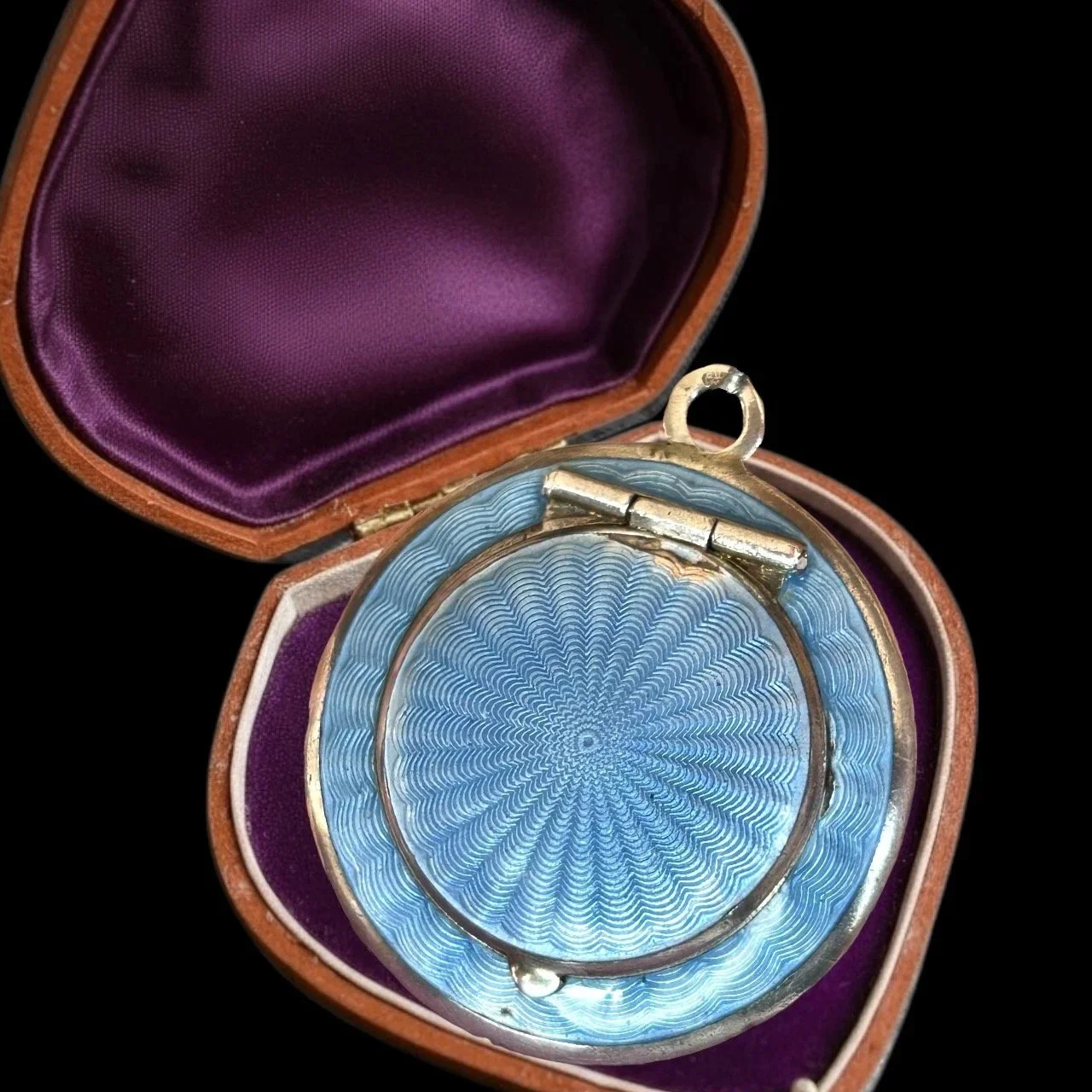 Antique French Silver with Blue Guilloche Enamel Compact Pendant