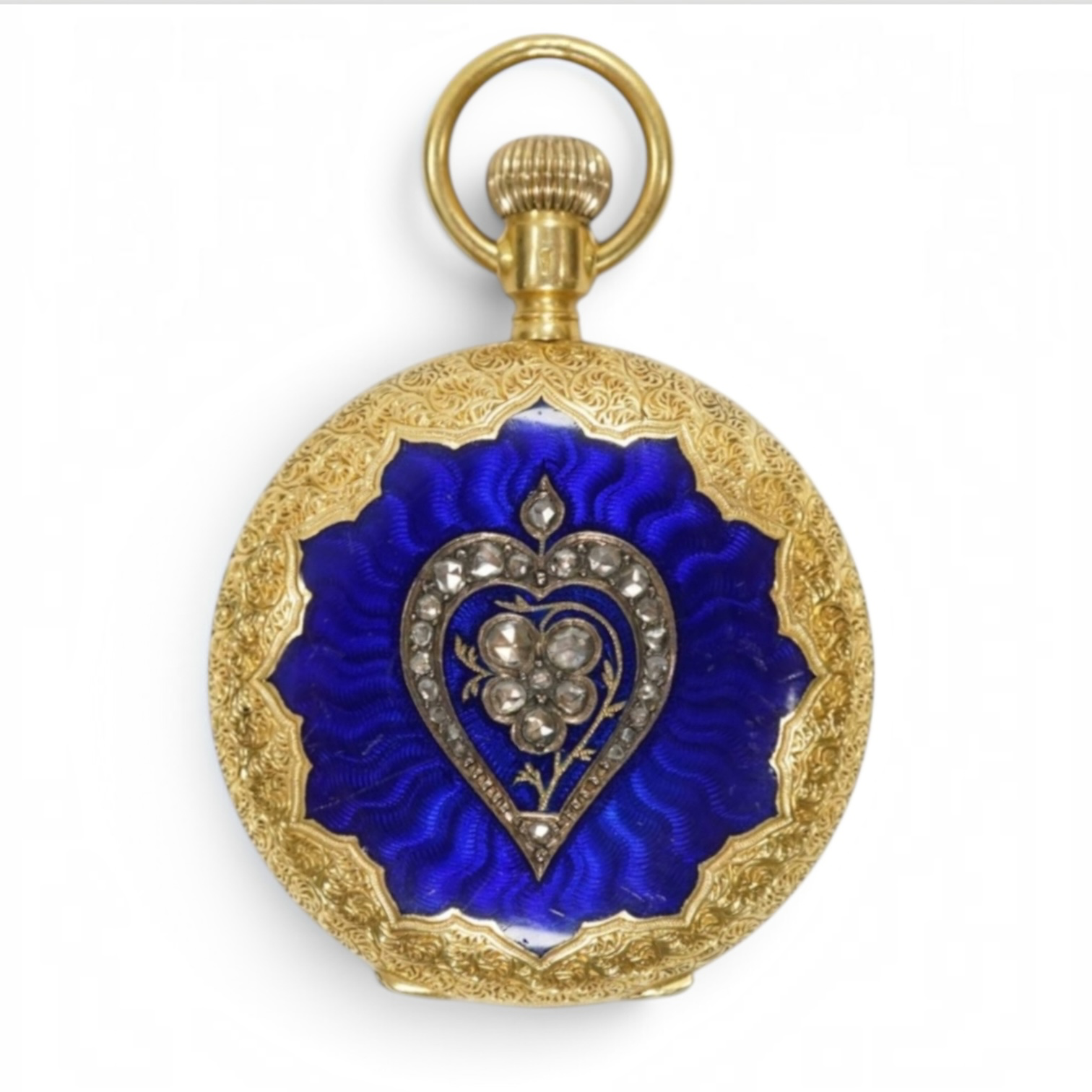 Mid-Victorian c.1860 Swiss 18ct and Diamond Blue Enamel Pocket Watch Pendant