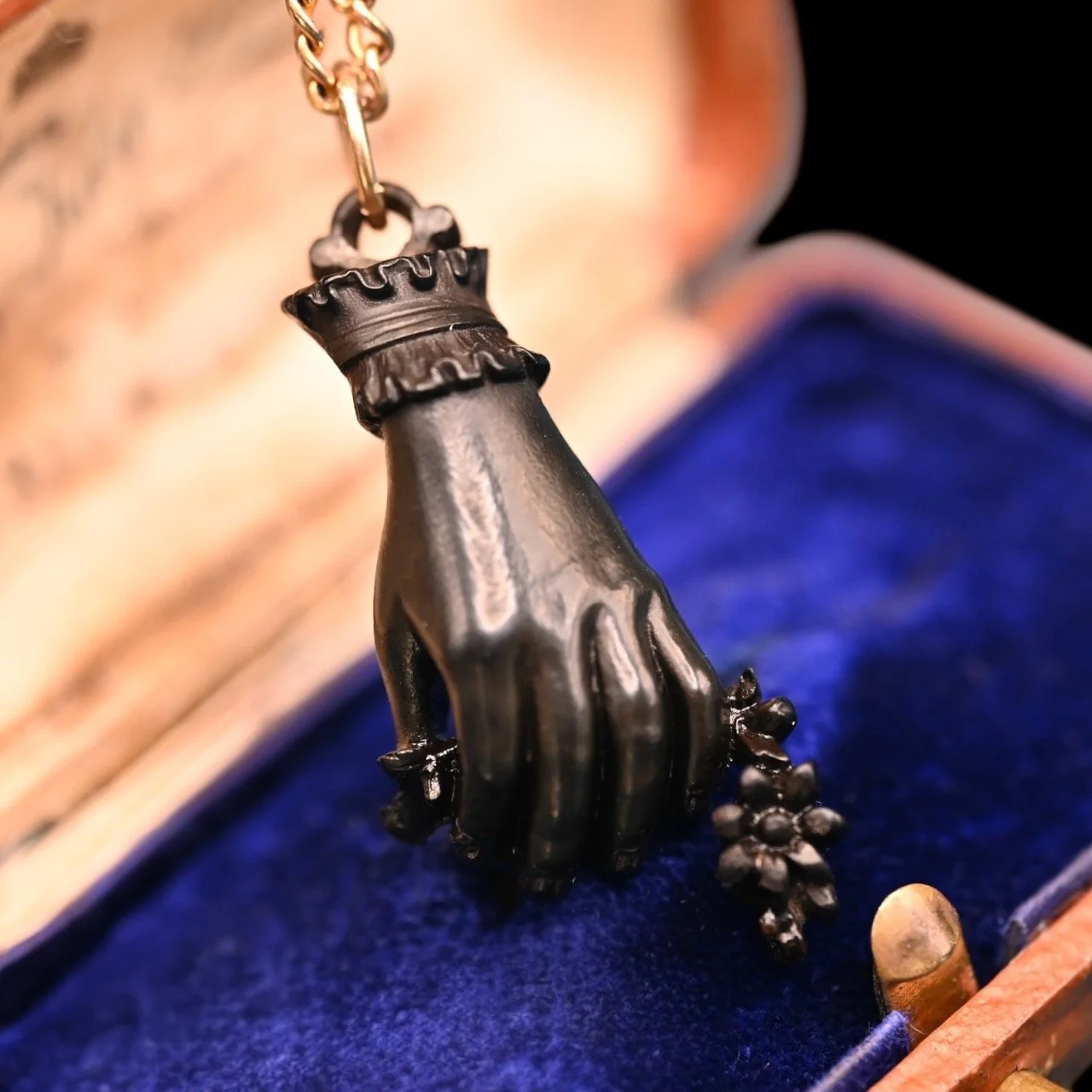 Victorian Whitby Jet Hand Pendant with Forget-Me-Not Flowers
