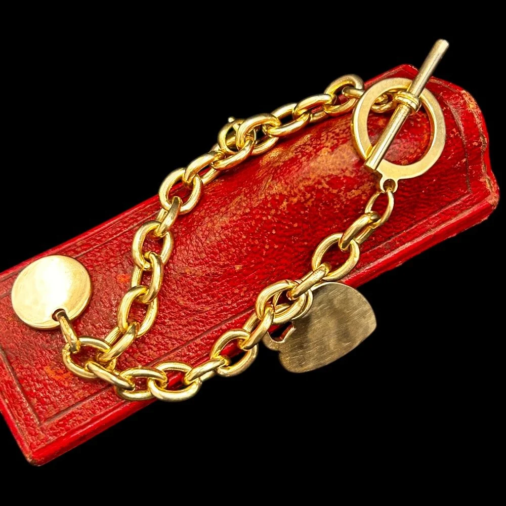 Vintage 9ct Gold Heavy T-Bar Charm Bracelet with 18ct Gold Charms