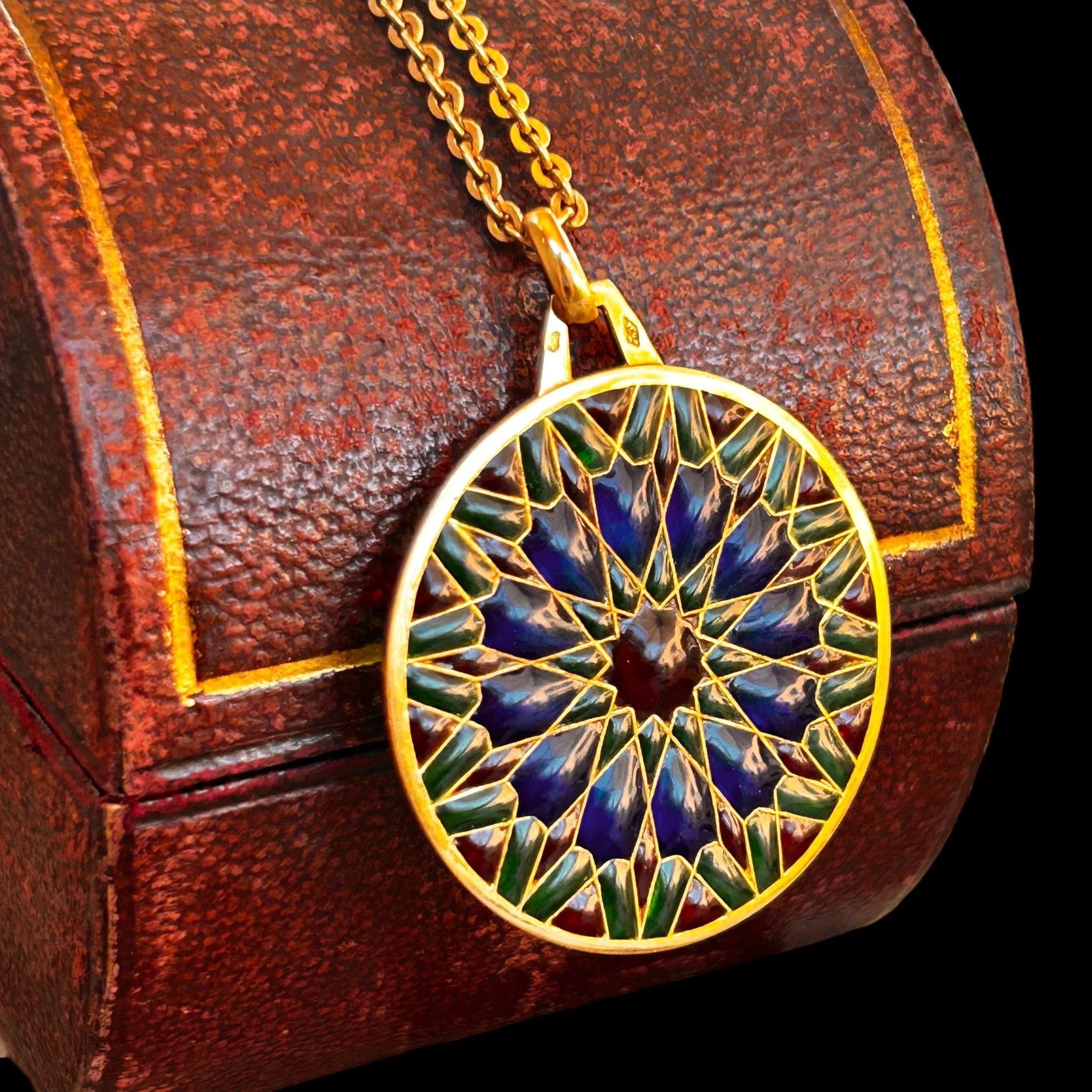 Mid-Century French 18ct Gold Plique-a-Jour Enamel Necklace