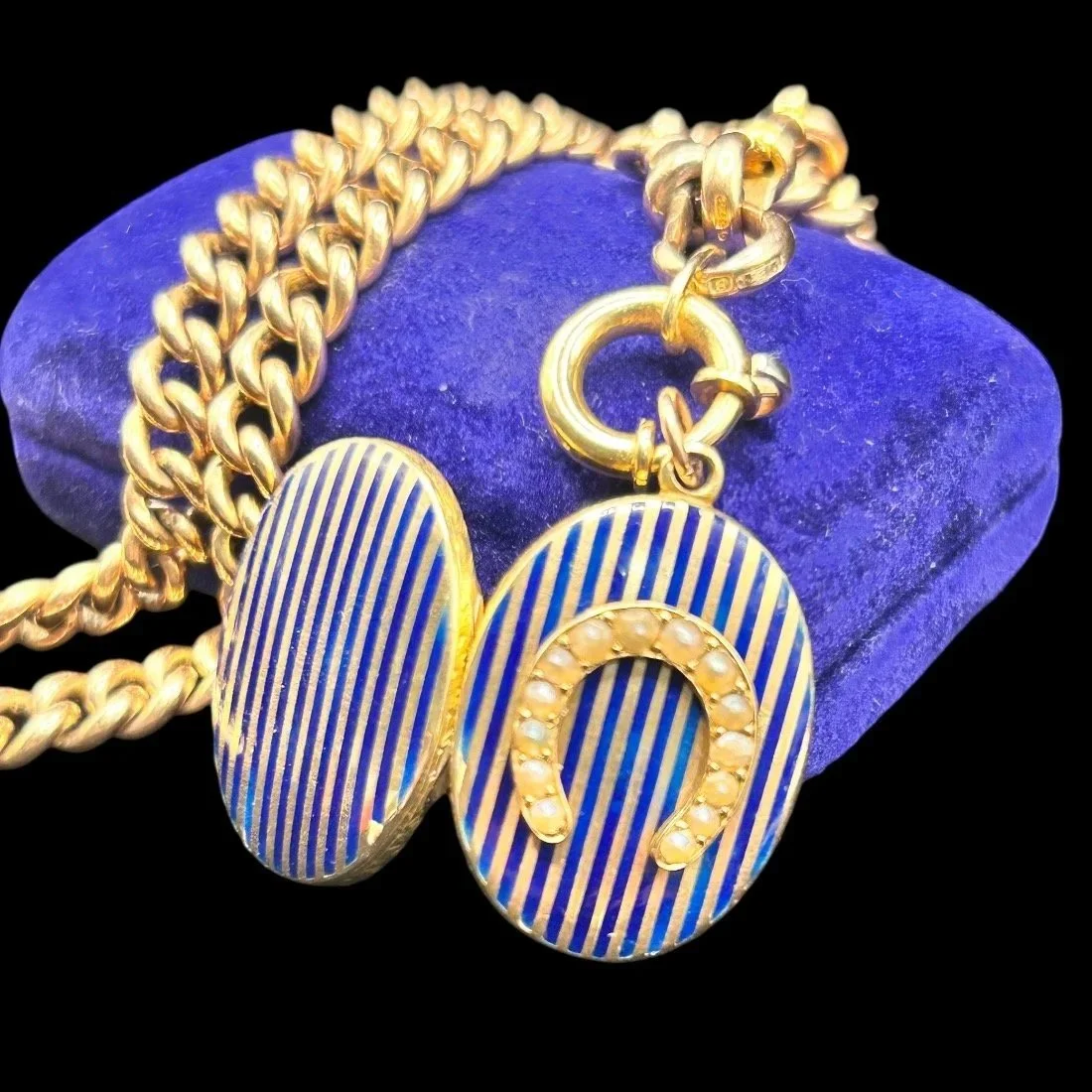 Victorian 9ct Gold Pinstripe Enamel Locket with Seed-Pearl Horseshoe