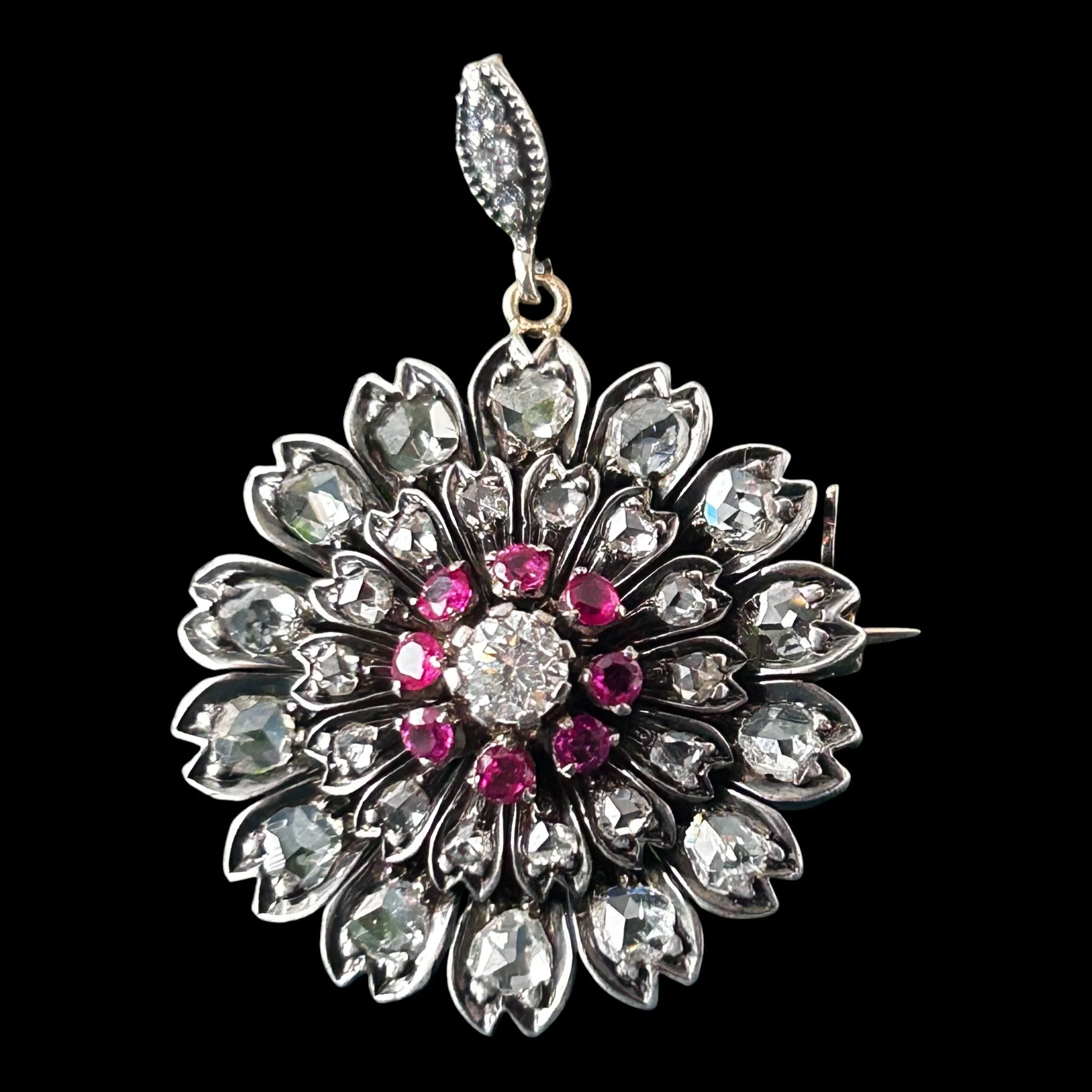 Victorian Diamond & Ruby Flower Pendant  Circa 1890