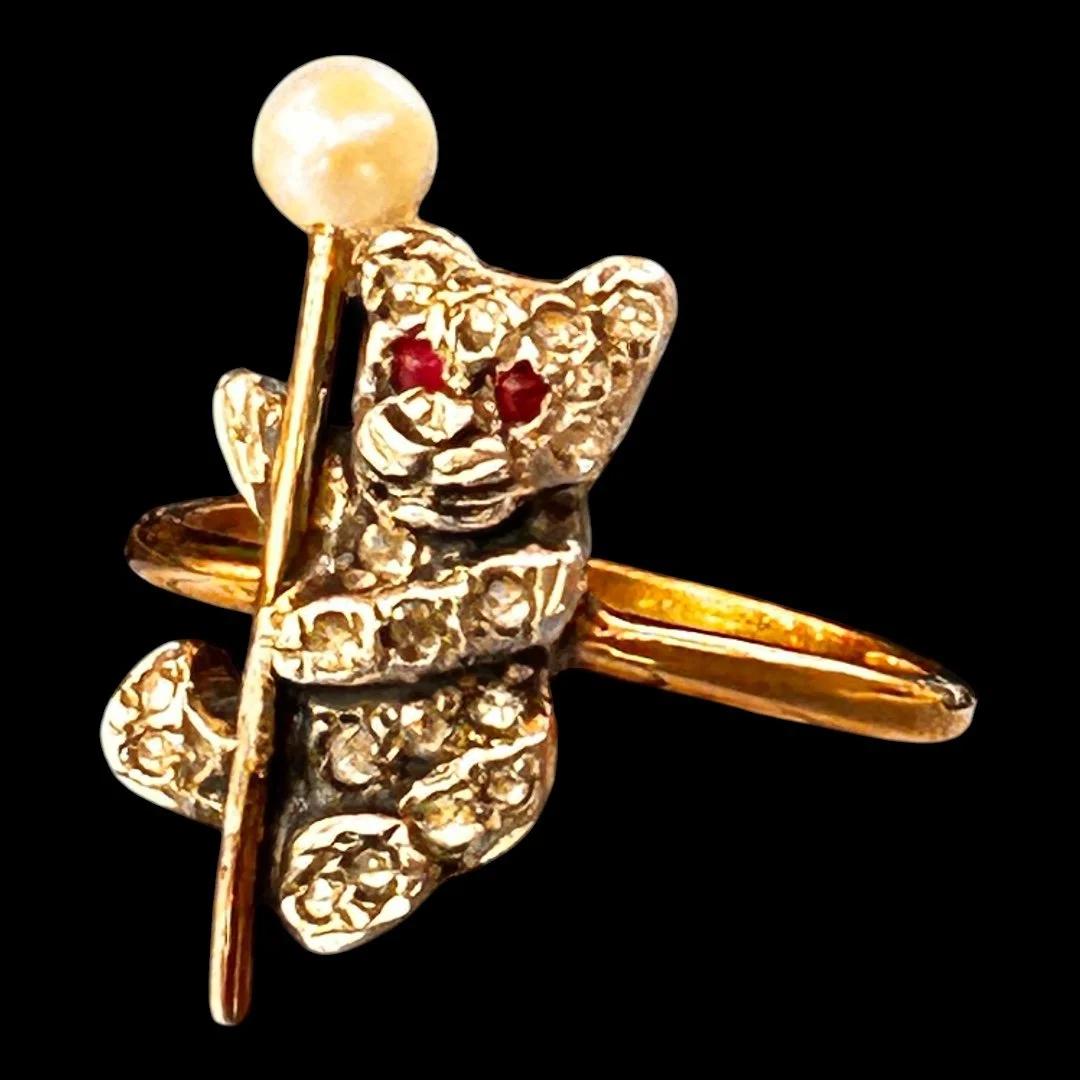 Victorian 15ct Gold Diamond and Ruby Bear Ring 5.5 - Rare Find