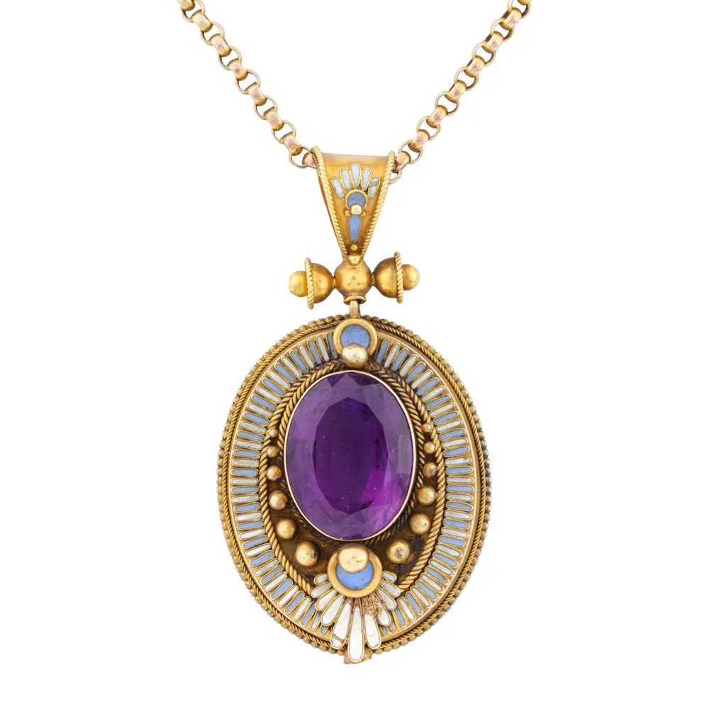 Victorian 1860 Amethyst Pendant Necklace 9ct Gold