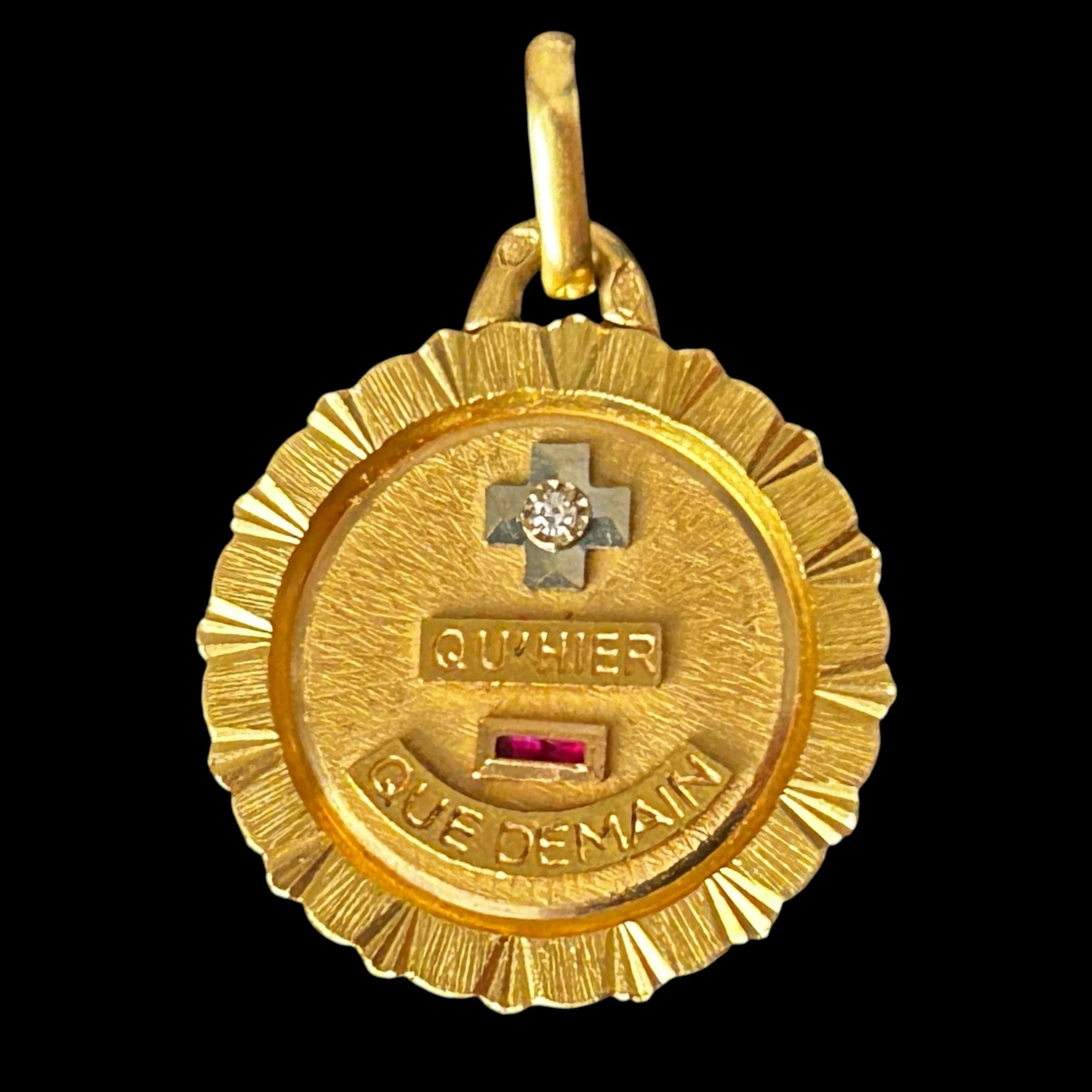 Mid Century 18ct Gold Augis Ruby and Diamond  + Qu’hier - Que Demain Love Token Pendant