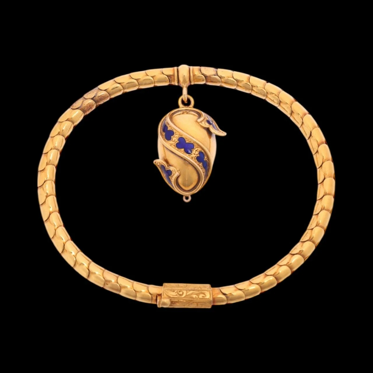 Victorian 22ct Gold Snake Bracelet Mourning Locket Blue Enamelled