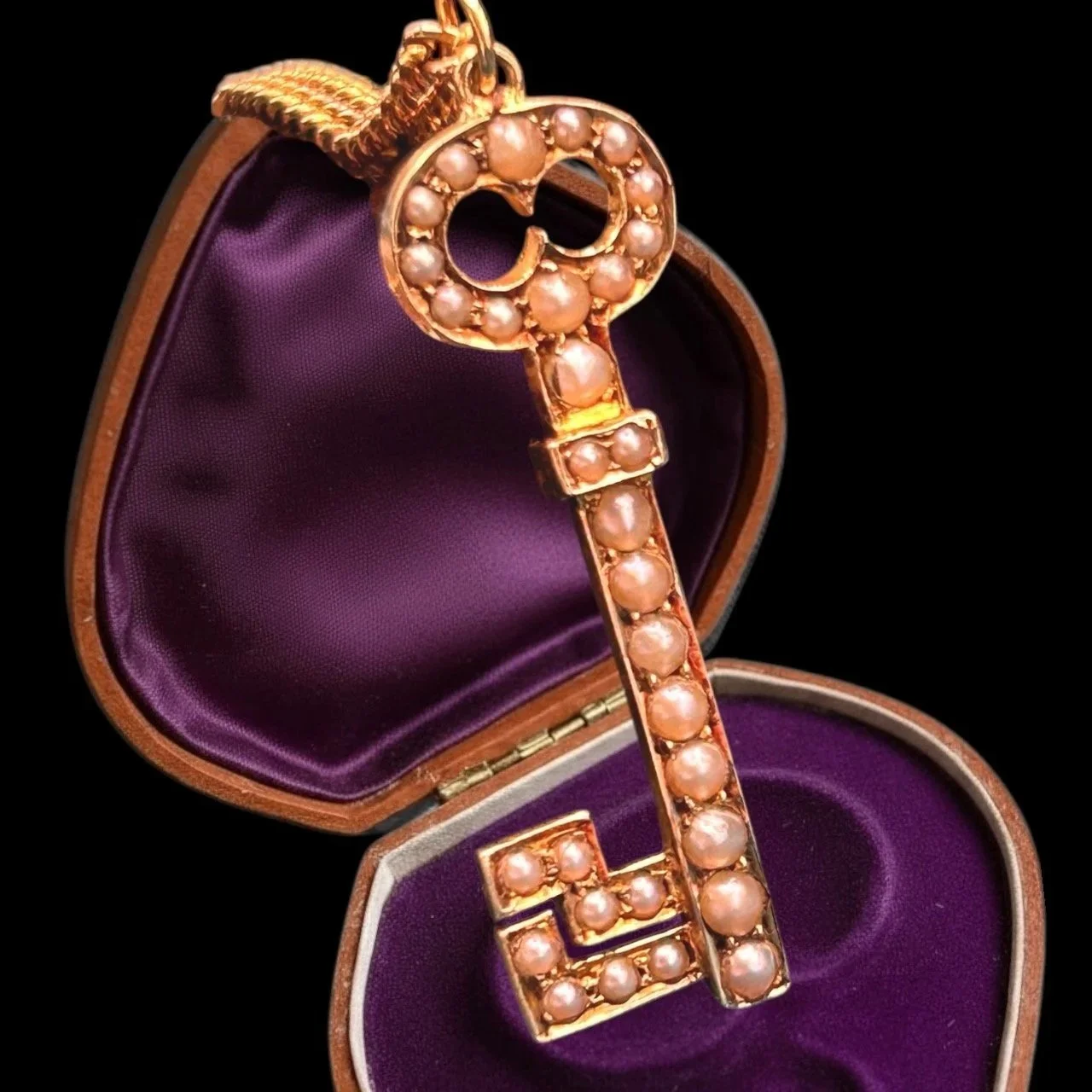 Victorian 15ct Gold Seed Pearl Large Key Pendant