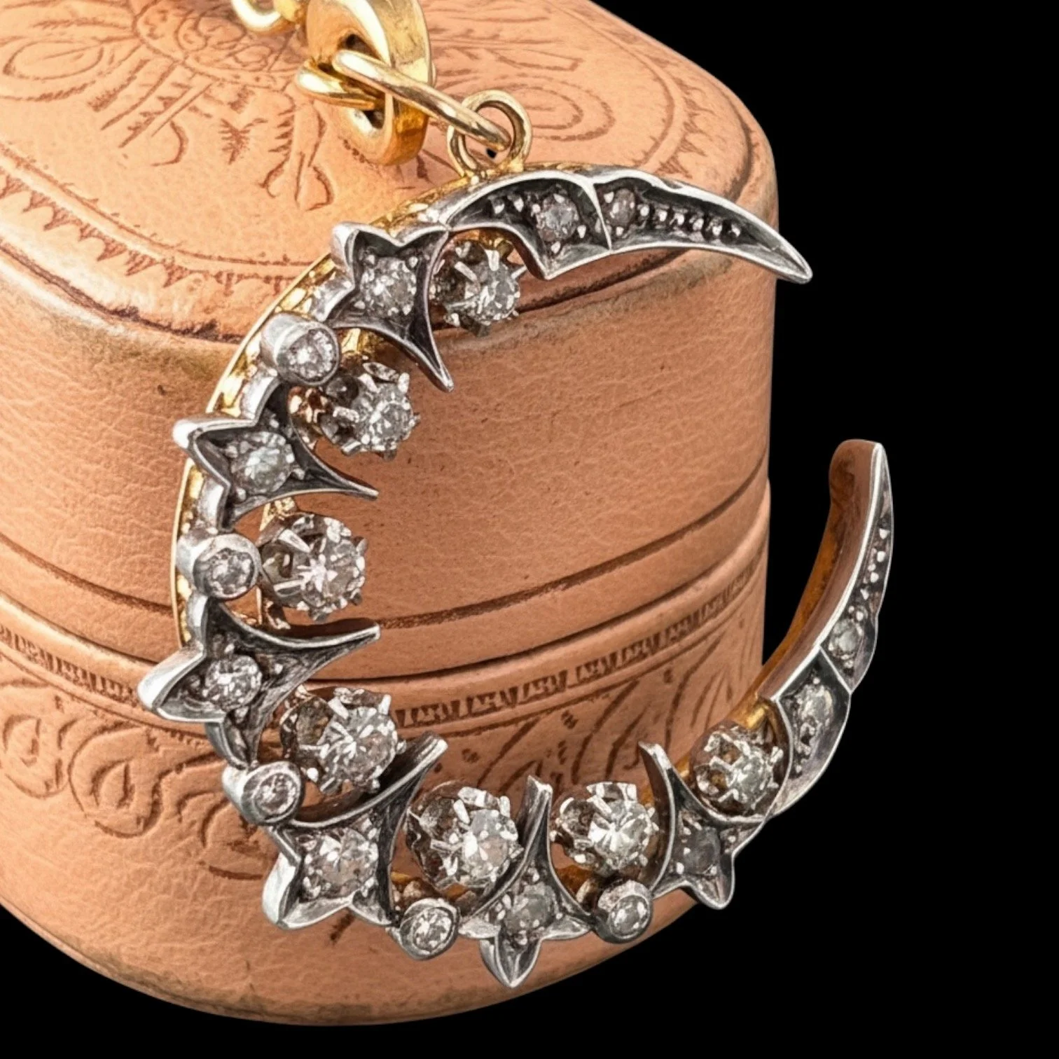 Victorian 18ct Gold Rose Cut Diamond Celestial Crescent Pendant