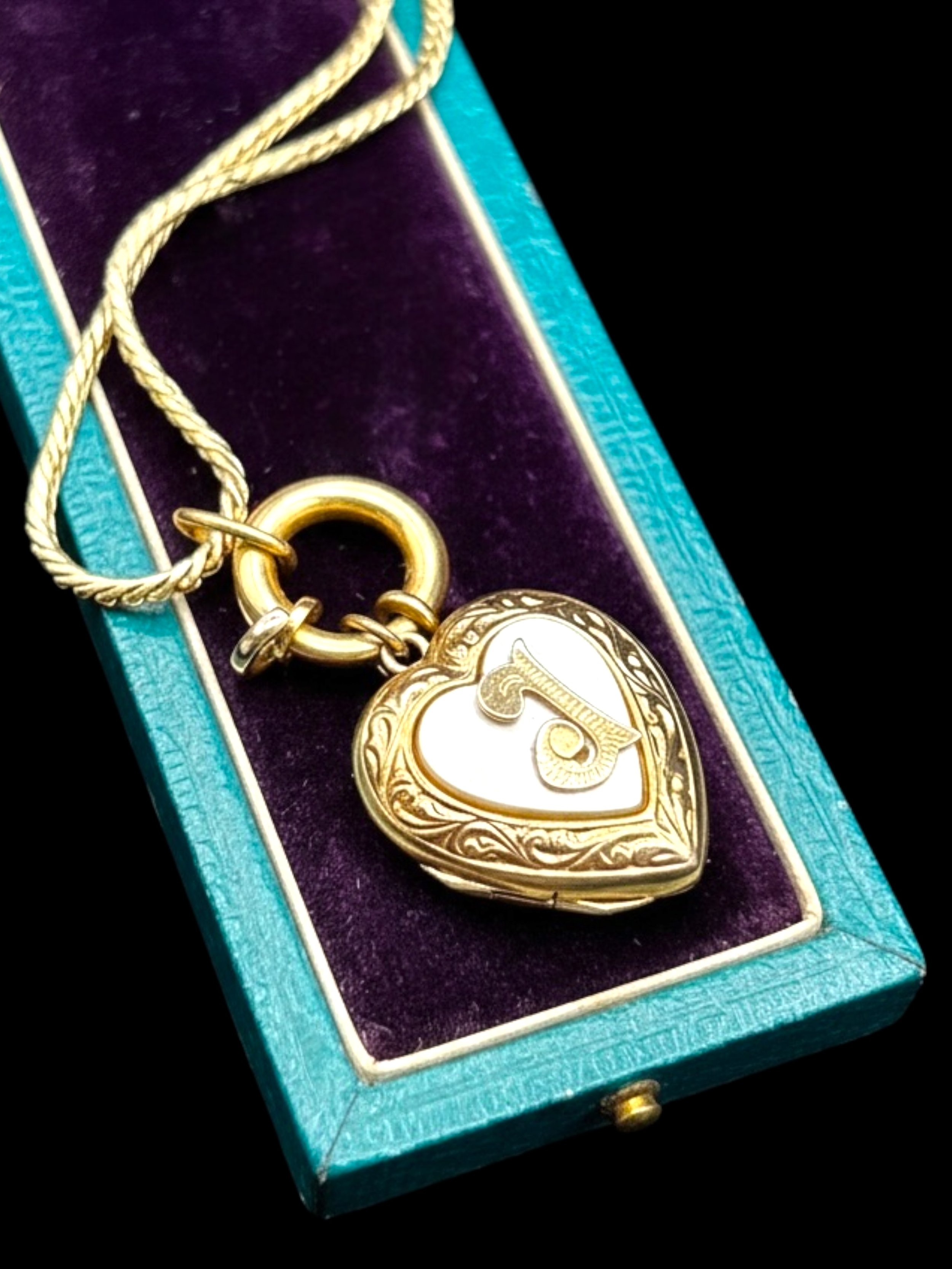 Victorian Mother of Pearl 9ct Gold Heart Locket 'J' Initial