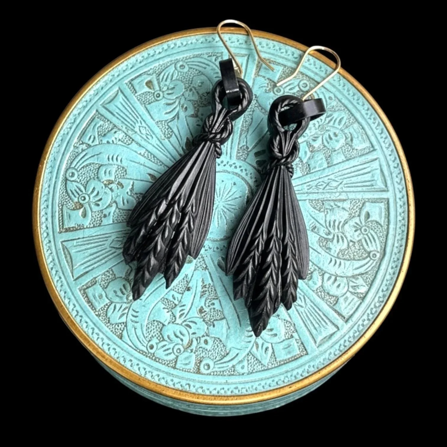 Victorian Whitby Jet Drop Earrings 9ct Gold