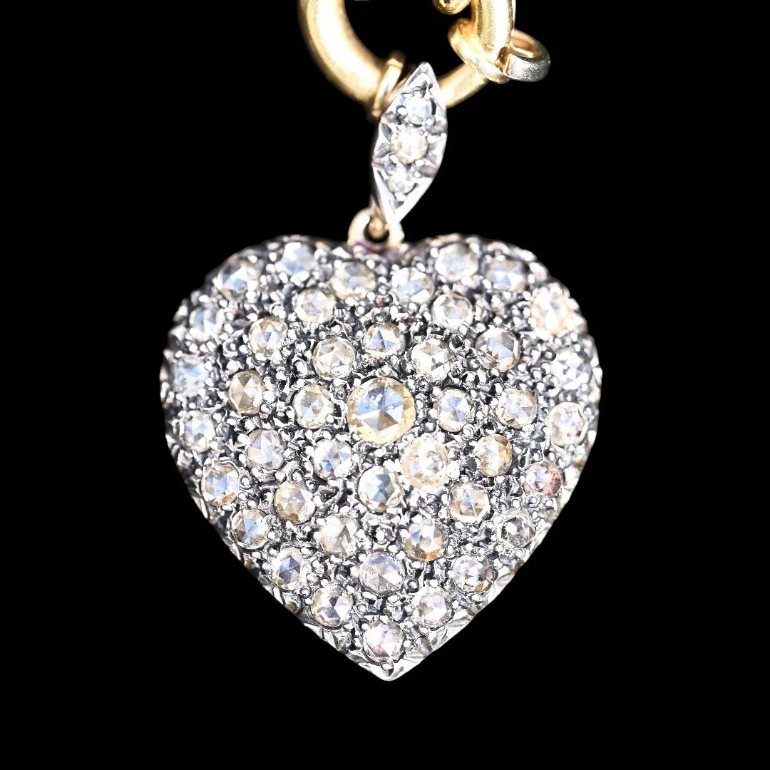 Gold & Silver Rose Cut Pave Diamond Heart Pendant