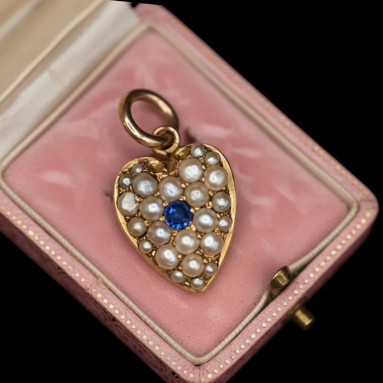 Victorian 15ct Gold Puffy Heart Pendant with Sapphire and Pearls
