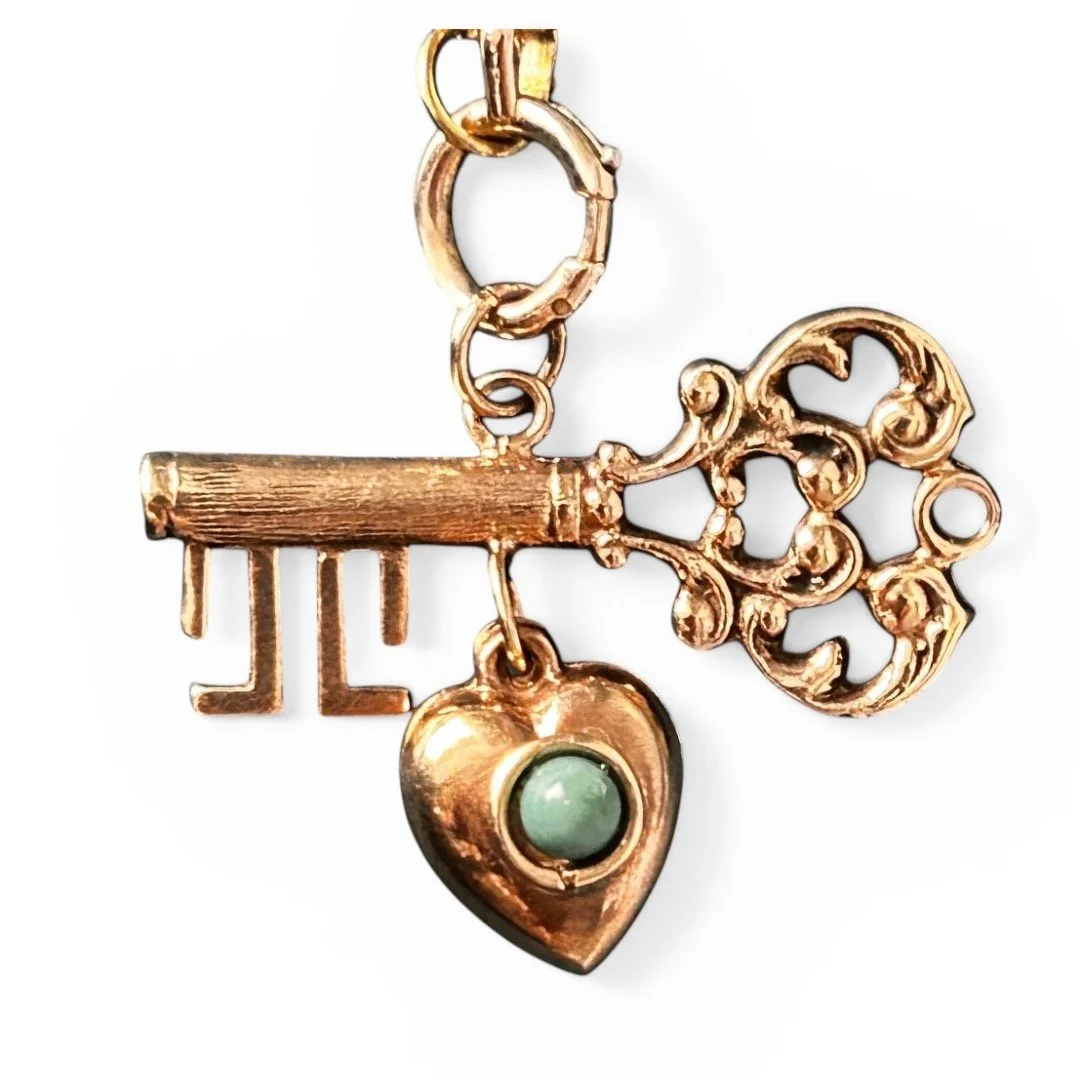 Victorian 9ct Rose Gold Key and Turquoise Heart Drop Pendant