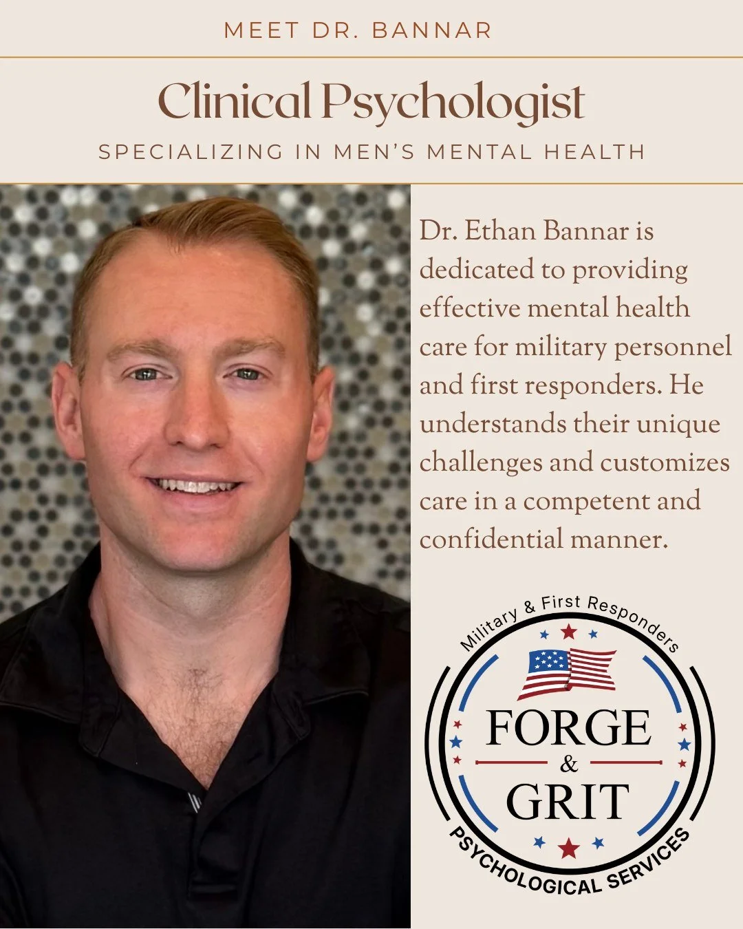 Forge &amp; Grit Psychological Services
Serving high-reliability professionals across Texas &mdash; military, law enforcement, and first responders.

Strength under pressure isn&rsquo;t accidental. It&rsquo;s trained.

Learn more: drethanbannar.com
?