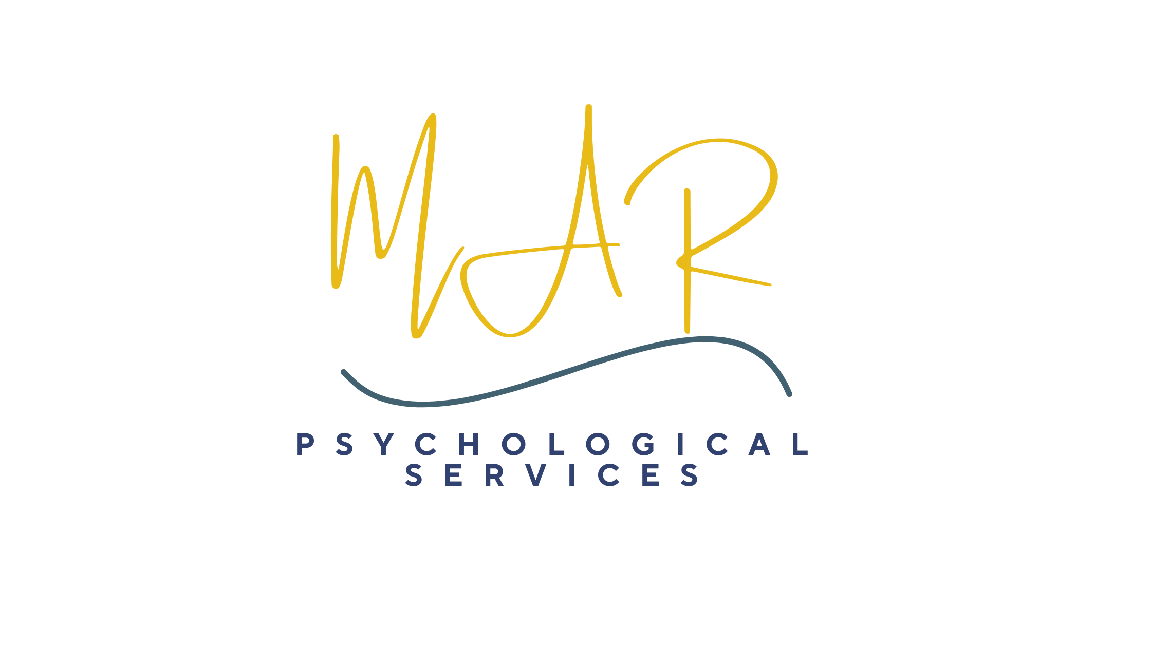 Logo for Mjar Psychological Services, featuring the name 'MJAR' in yellow cursive script with a black curved line underneath, and the words 'PSYCHOLOGICAL SERVICES' in navy blue all caps below.