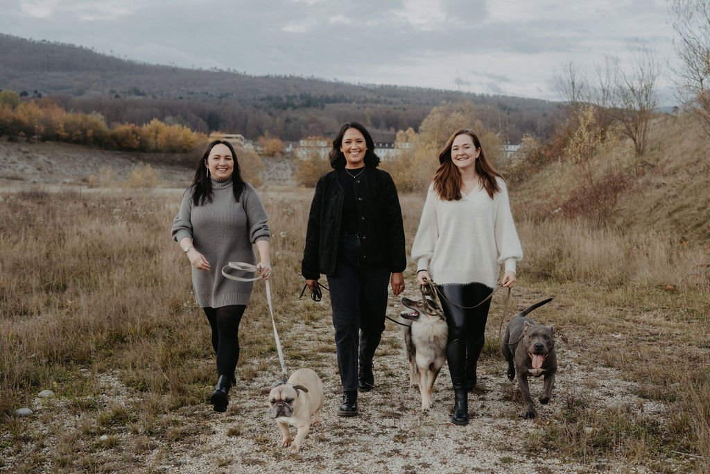 Drei Frauen spaziergehen mit Hunden auf einem Weg in einer herbstlichen Landschaft.