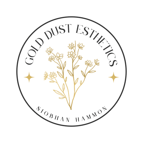 A circular logo featuring a gold floral illustration in the center, with the words 'GOLD DUST ESTHETICS' curved around the top and two small star icons on either side.