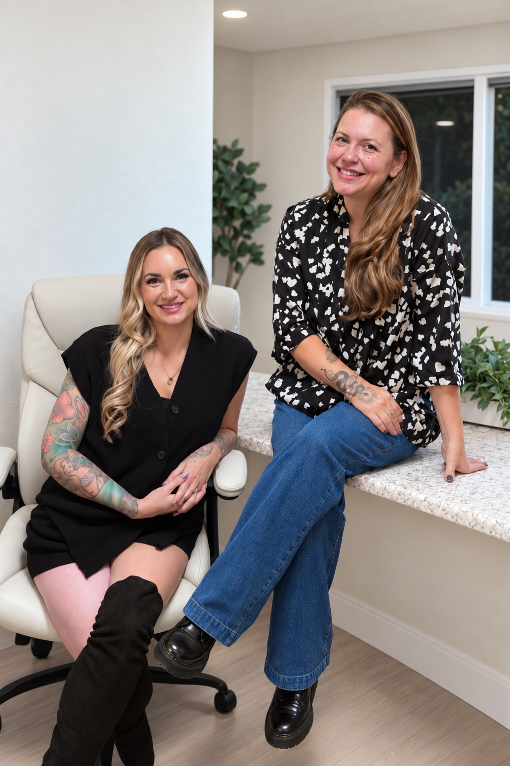 Two smiling women posing together in a bright home kitchen, one seated in a chair and the other sitting on a countertop.