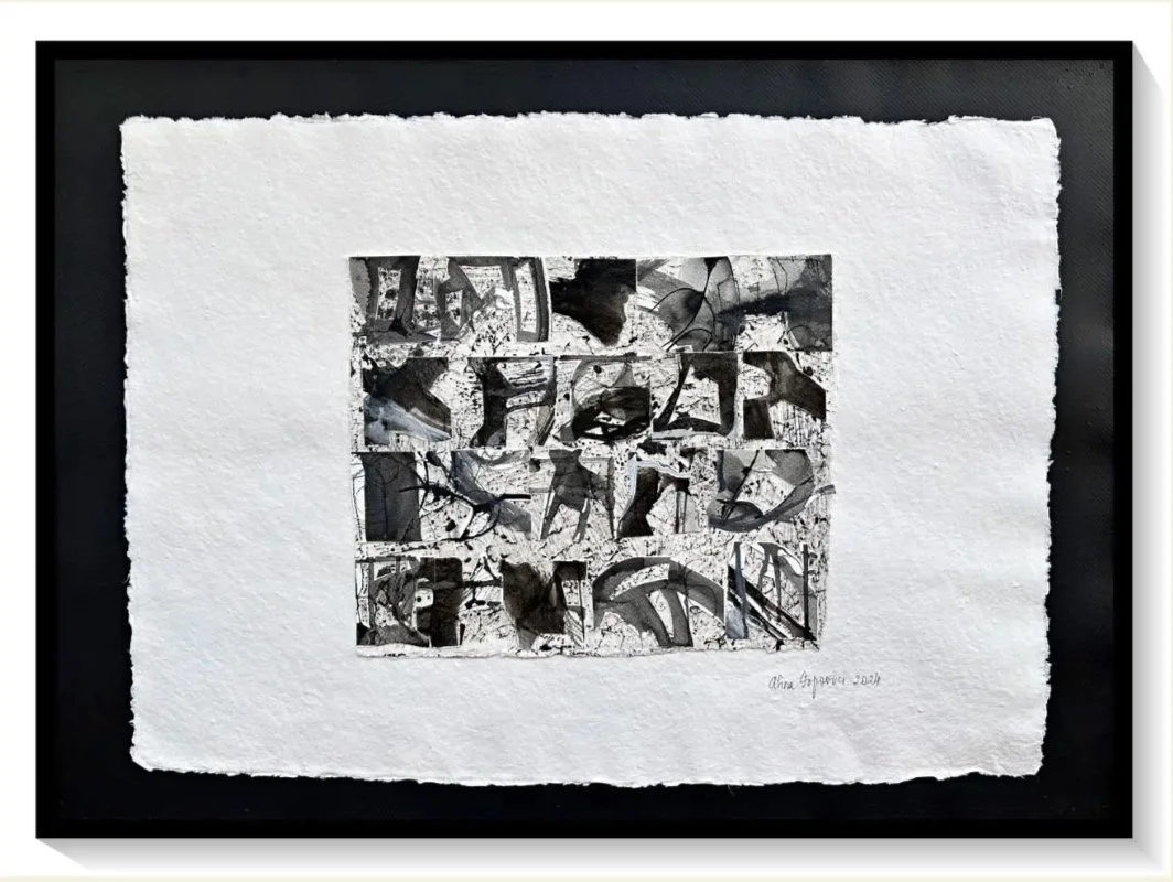 A mixed media abstract artwork in black and white with textured white border, featuring various fragmented shapes and lines.