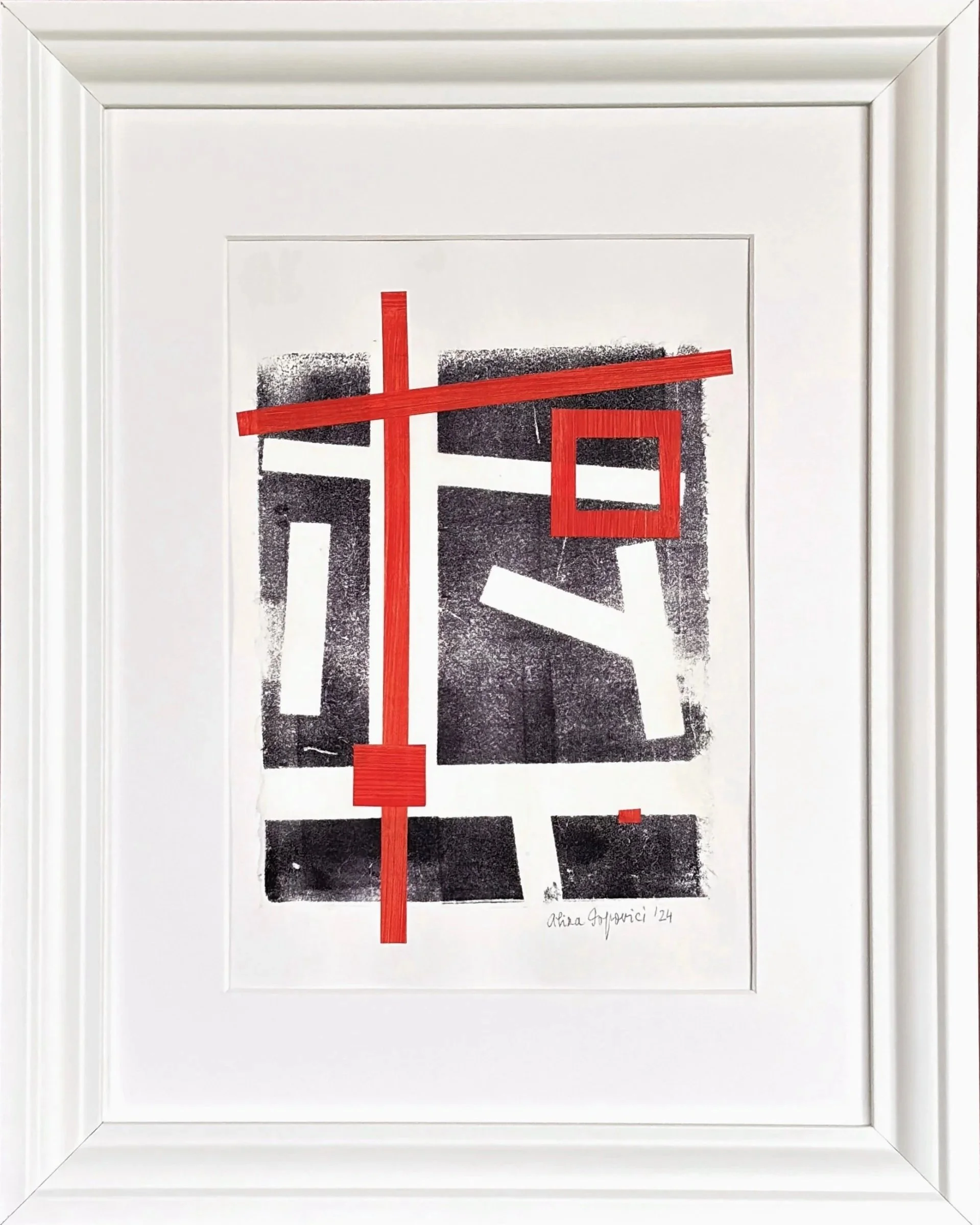 Abstract artwork with dark blue and off white geometric shapes and red cross collaged shape on white mat and frame.