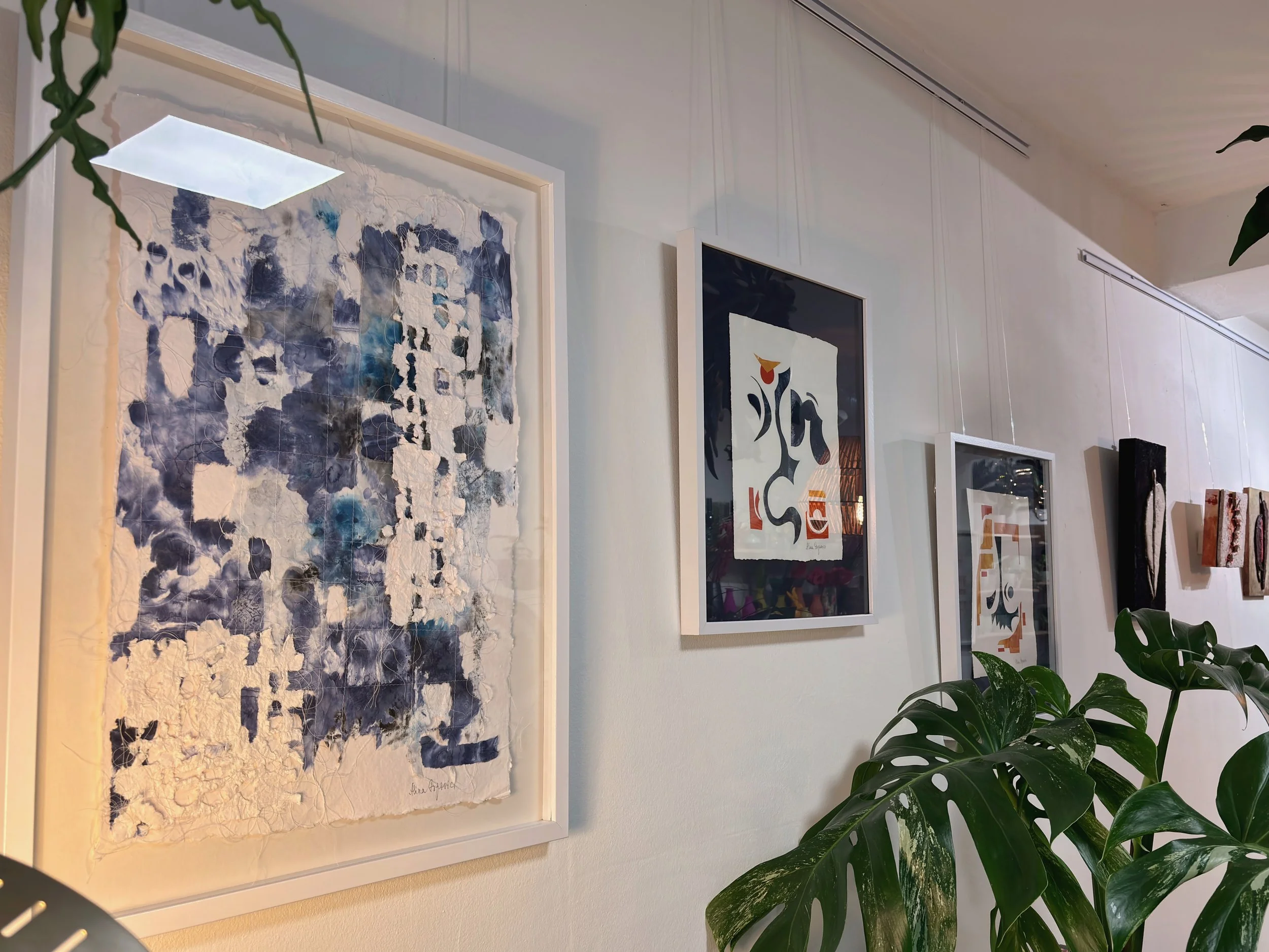 Art gallery wall displaying various contemporary paintings and artworks, with a large green plant in the foreground.