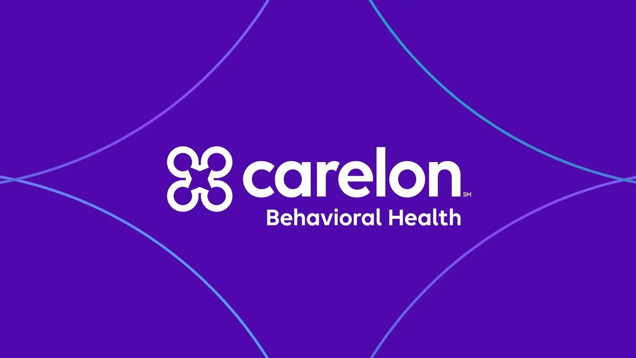 Carelon Behavioral Health logo on a purple background with intersecting light blue and purple lines.