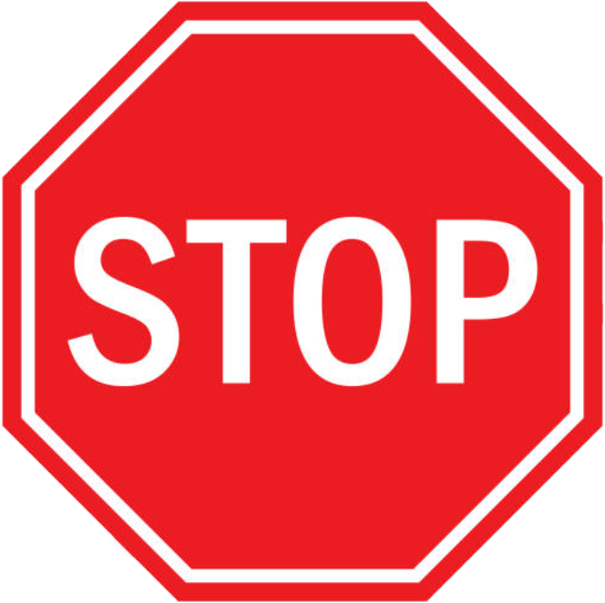Red stop sign with white border and the word STOP in white capital letters.