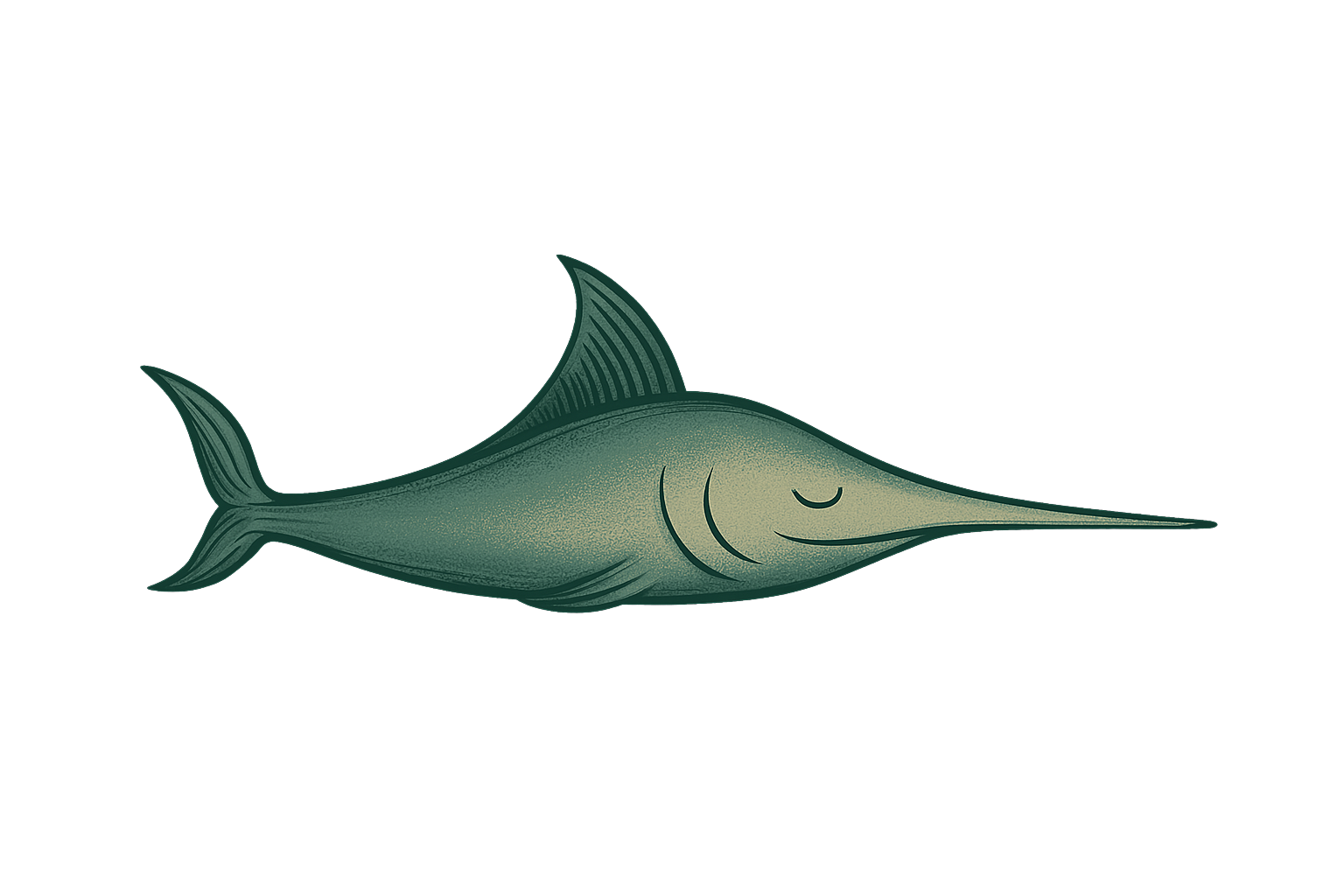Illustration of a long, pointy-nosed fish with a dark green dorsal fin, a curved body, and a small smiling eye, set against a black background.