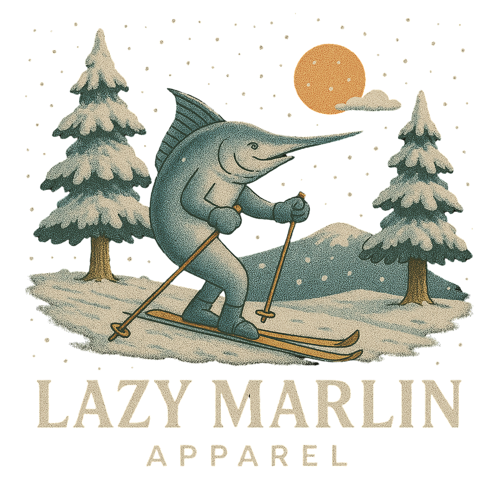 Cartoon narwhal with a human-like body skiing through a snowy landscape with pine trees, a large sun, and clouds in the background, featuring the text 'Lazy Marlin Apparel' at the bottom.